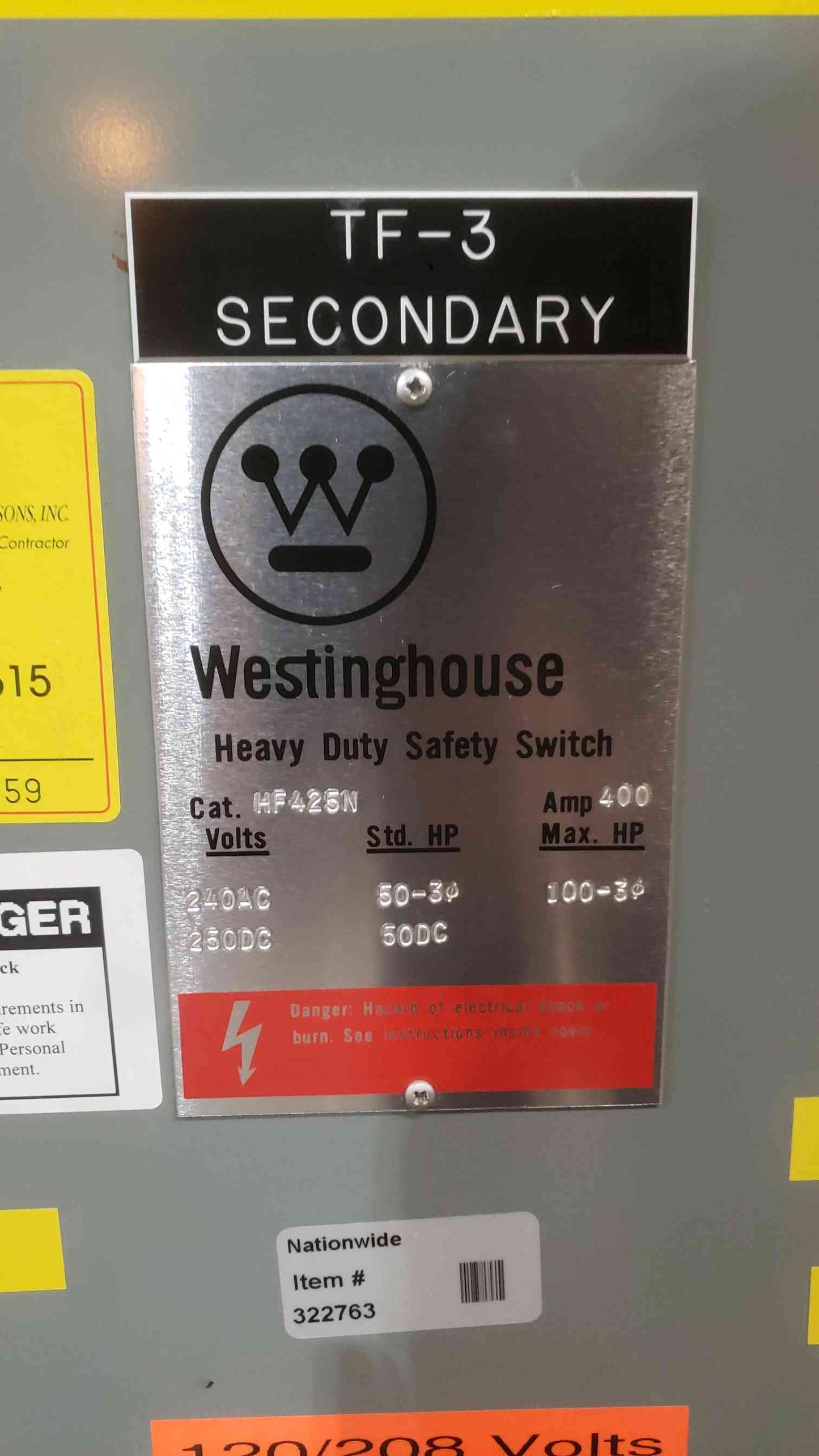 Westinghouse HF425N 400 Amp 240V Fusible Heavy Duty Safety Switch Disconnect