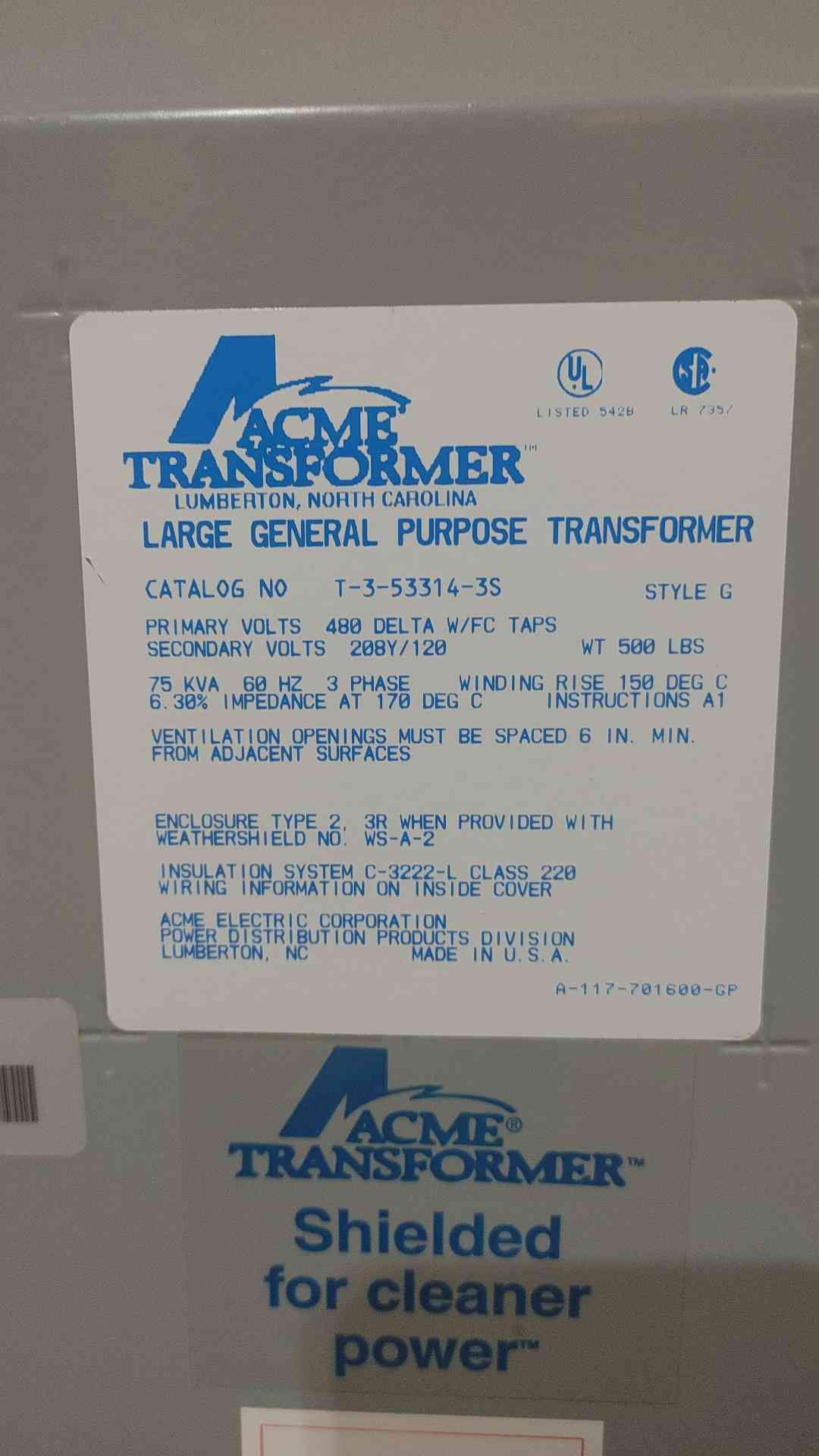 Acme Shielded Transformer 75KVA 3 Phase 480V Delta x 208Y 120V