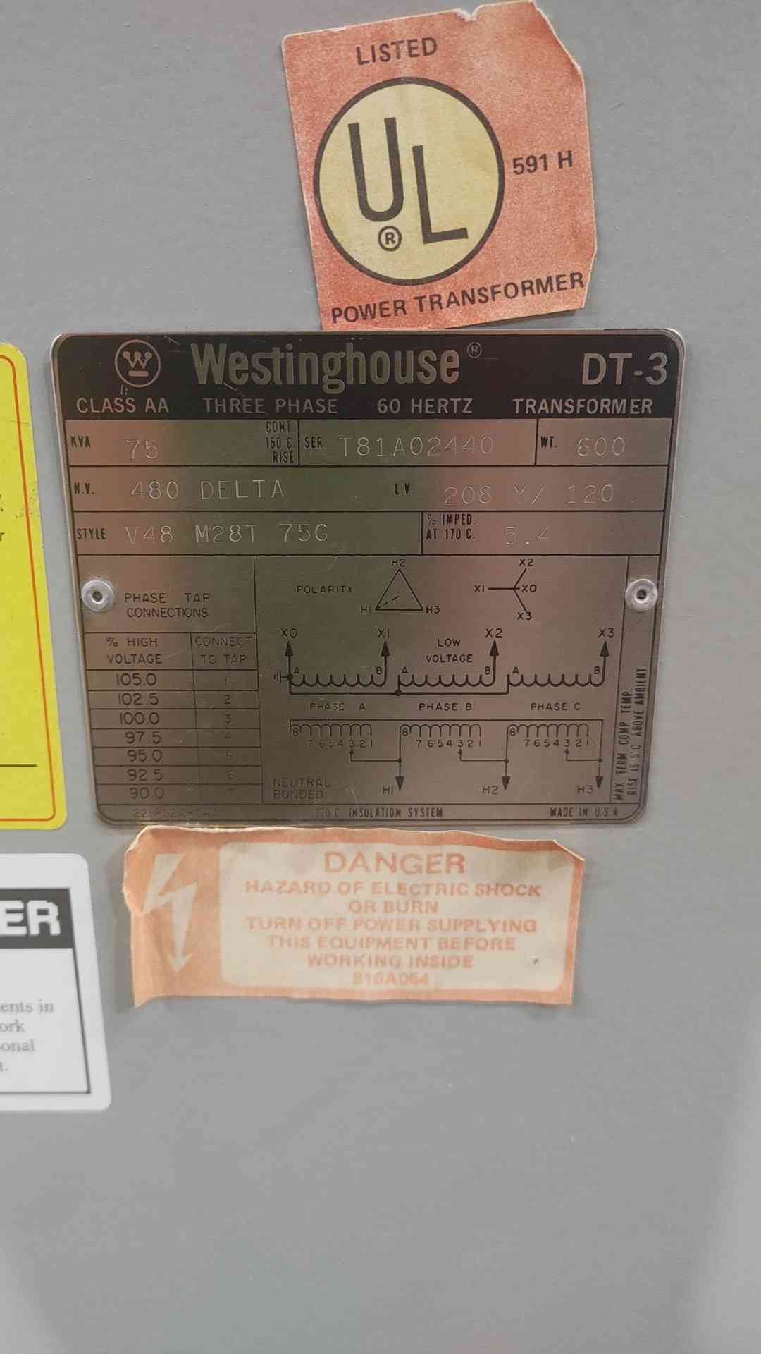 DT-3 75KVA 3PH Dry Type Transformer 480V Delta x 208Y 120V