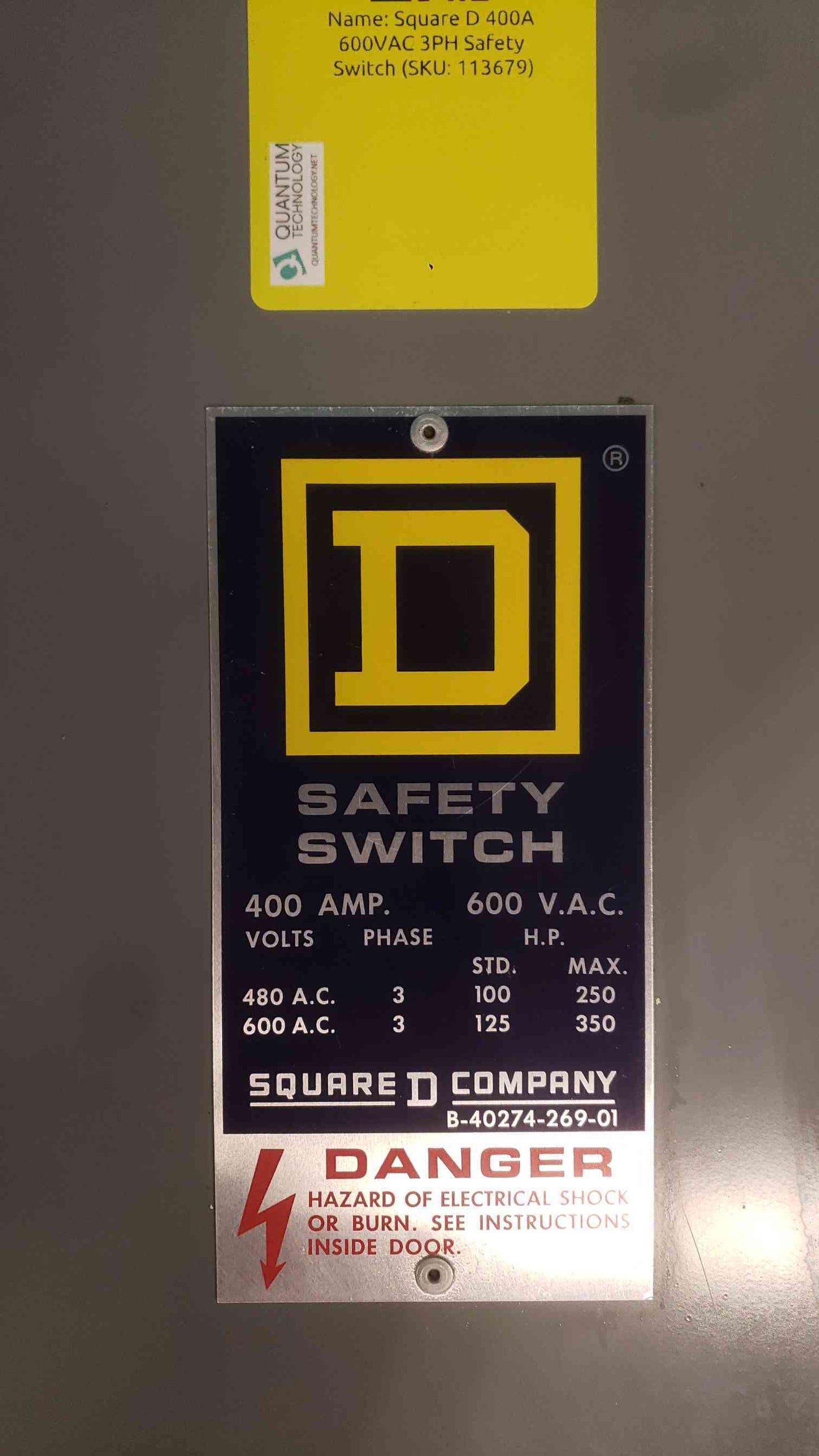 Square D H365 400 Amp 600V 3 Pole Fusible Safety Switch Disconnect Series E2
