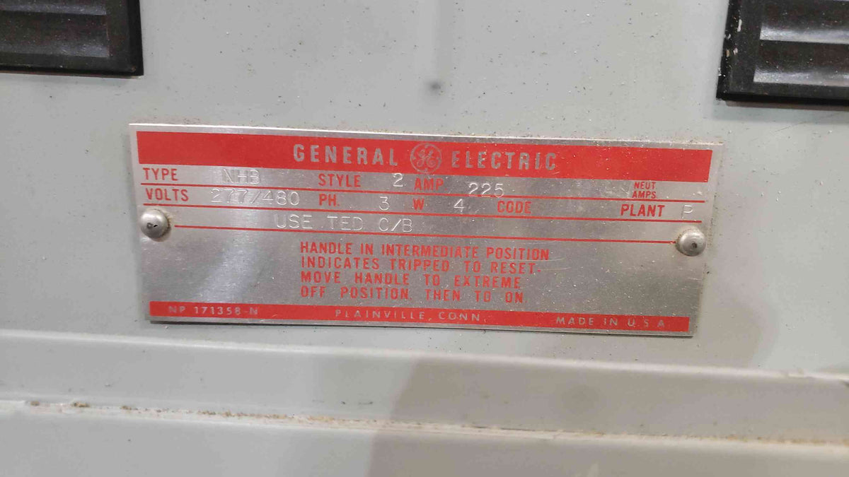 GE NHB 225A 277/480V 3 Phase Panelboard 8x TED Triple Pole & 18x Single Pole Breaker