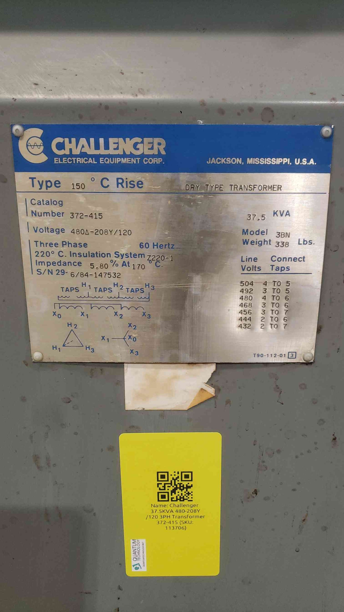 Challenger 37.5 KVA Transformer 480V to 208Y 120V 3 Phase Dry Type 372-415 3BN
