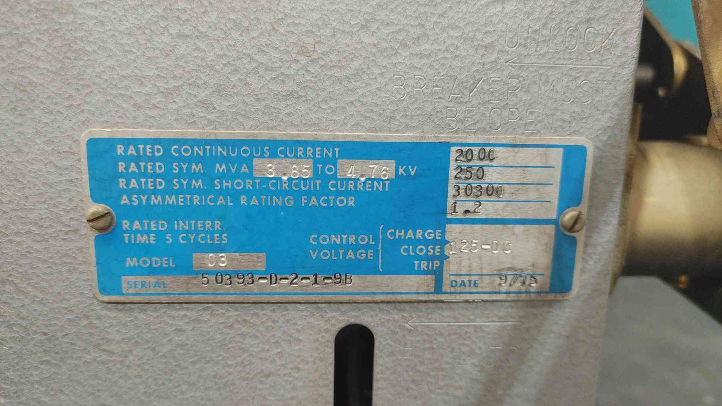 ITE 5HK250 2000 Amp 5KV Power Circuit Breaker 5HK 250 MVA 125VDC Draw Out