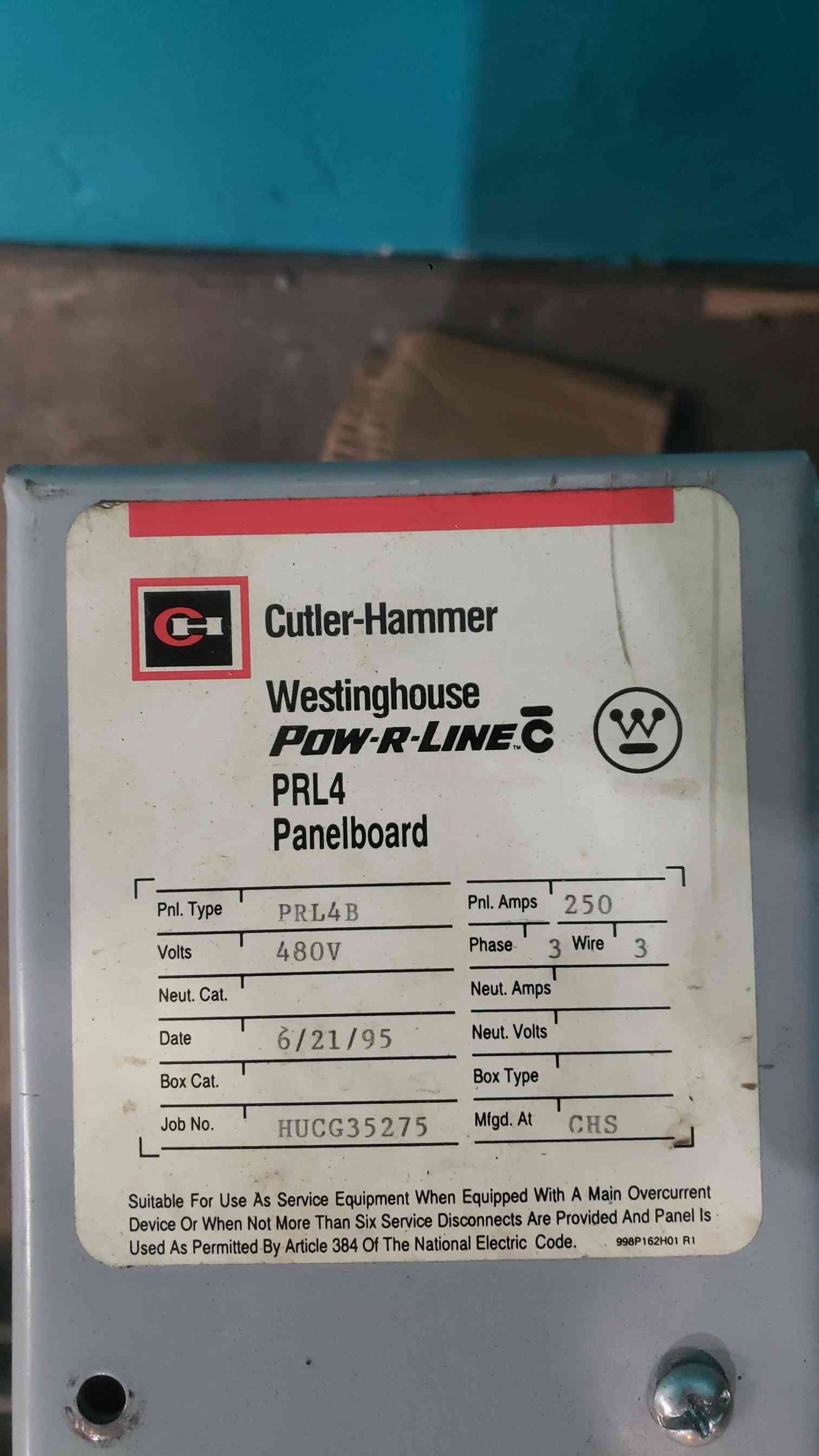 Cutler-Hammer Pow-R-Line PRL4 Panelboard 480V 250A 3 Phase 3P Breakers Included