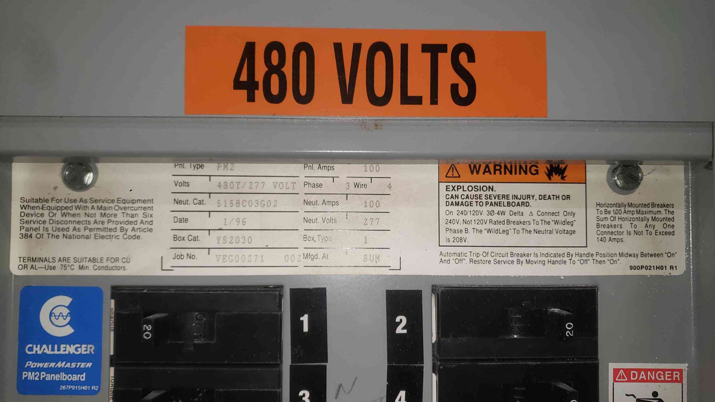 Challenger PowerMaster PM2 100A 480V 3 Phase Panelboard Cutler-Hammer Breakers