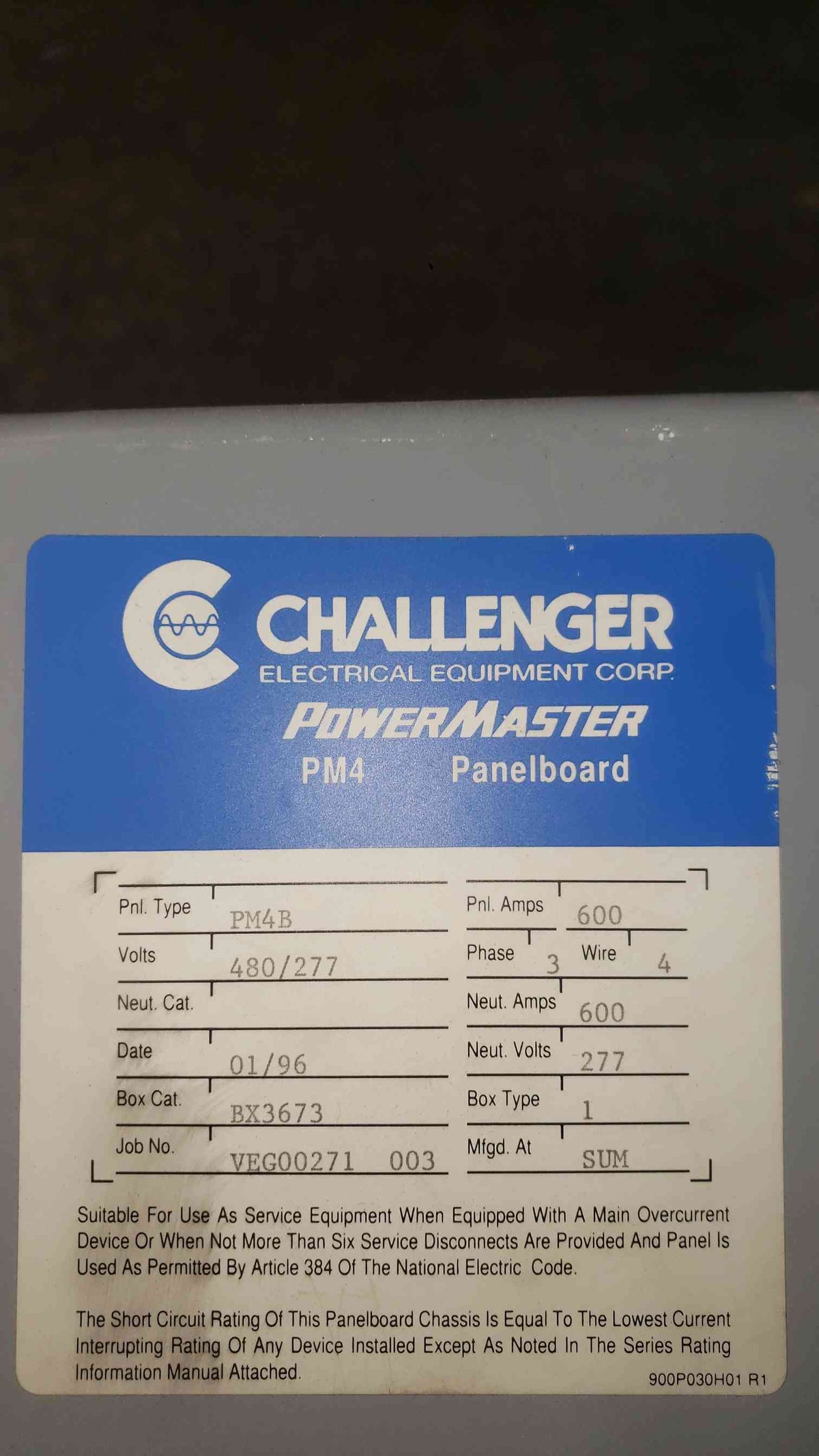 Challenger PM4 600A 480V 3 Phase Distribution Panelboard 250A 100A 3P Breakers