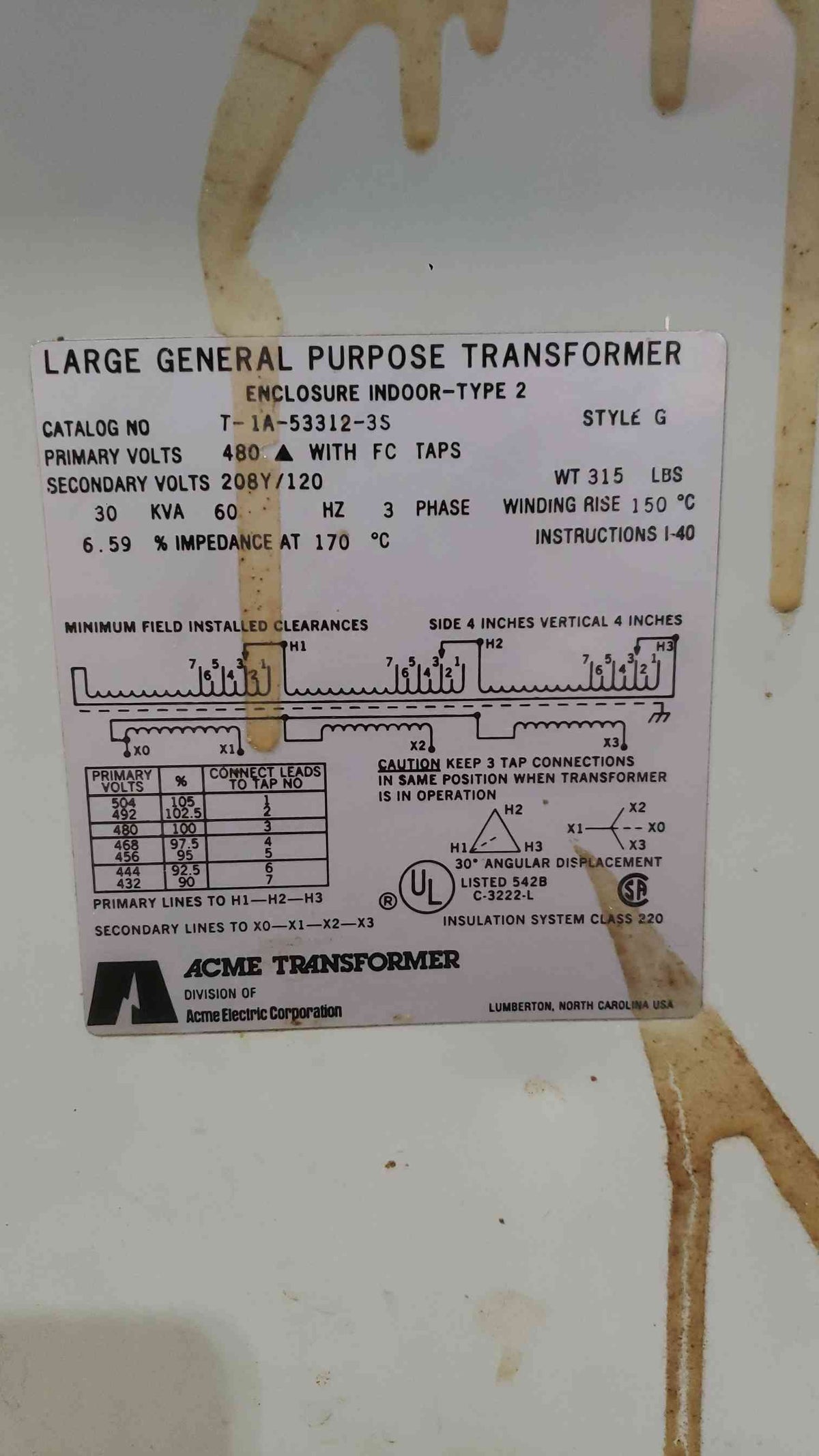 Acme T-1A-53312-3S 30 KVA 3 Phase Dry Type Transformer 480V to 208Y/120V Style G