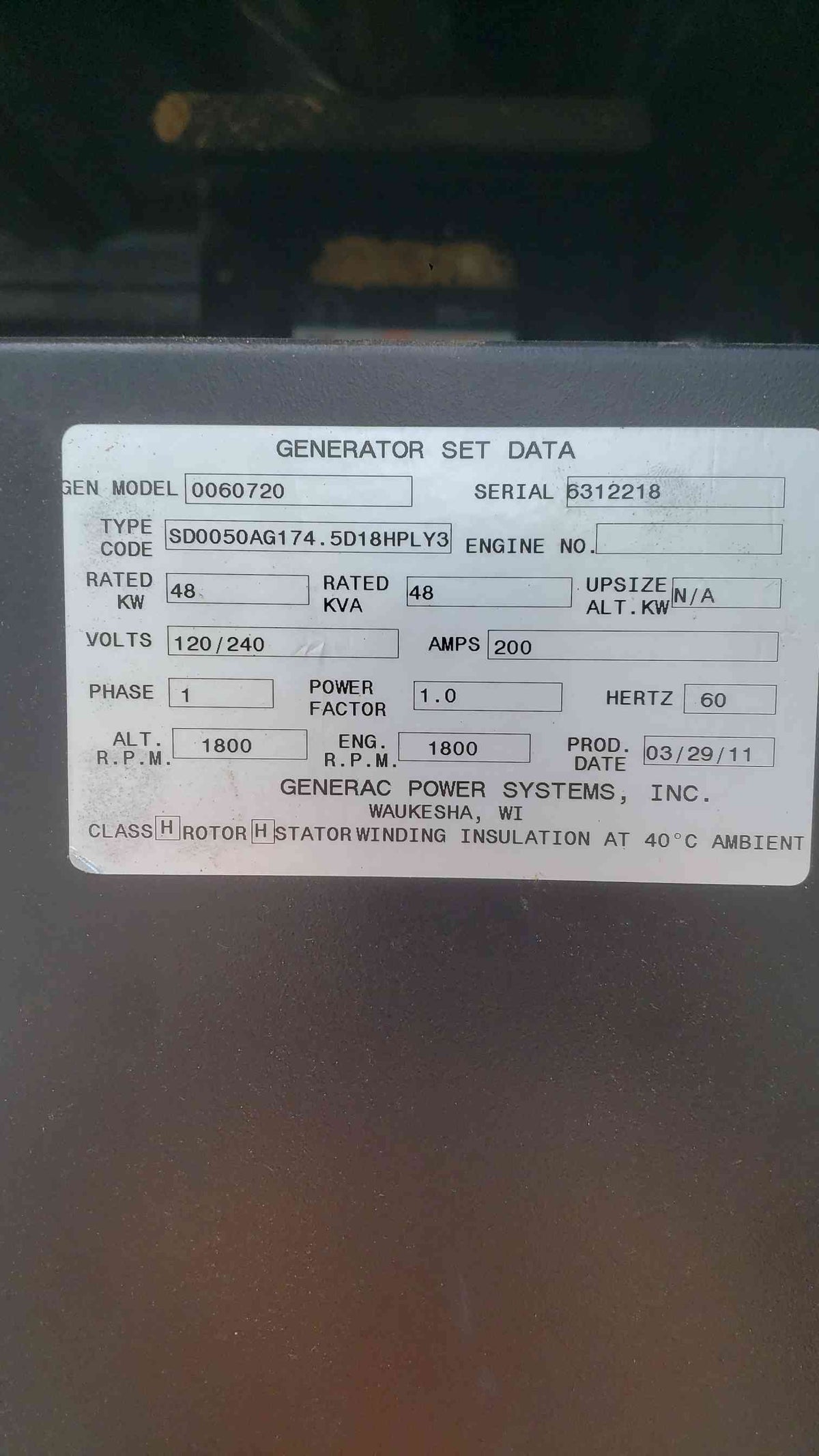 Generac 48kW Diesel Generator 120/240V Single Phase Low 508 Hrs Sound Enclosure