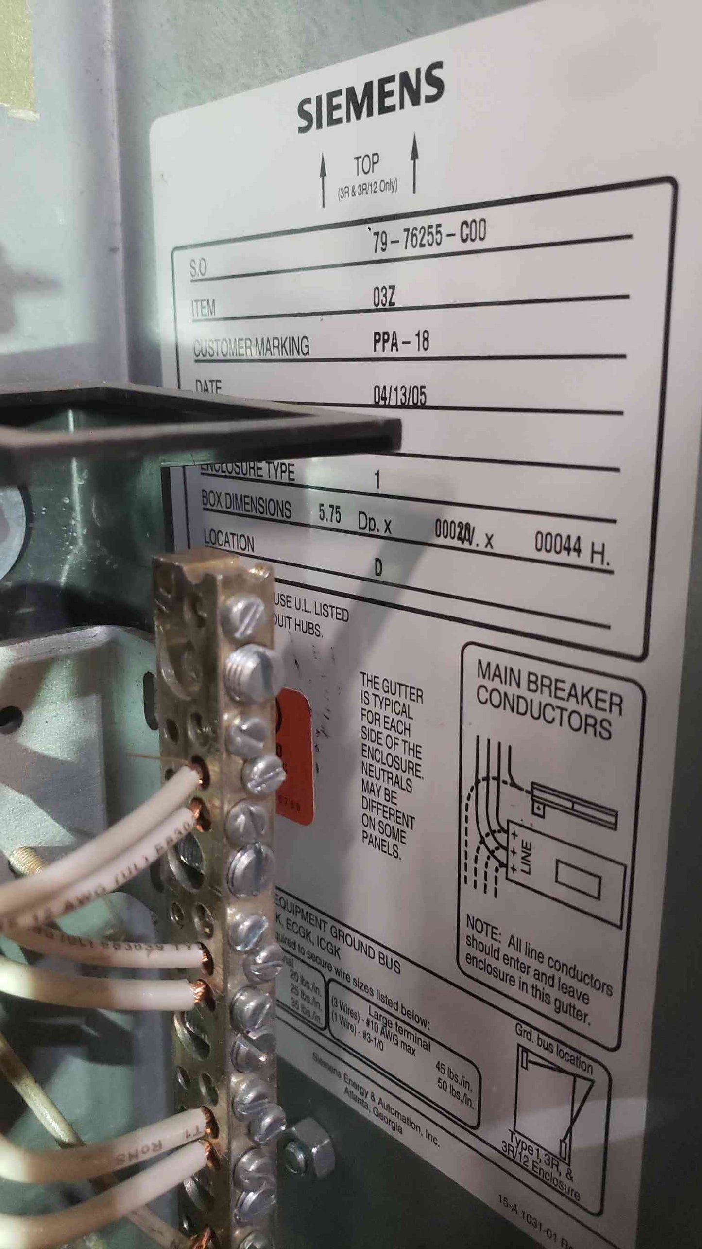 Siemens P1 Panelboard 150A Main Breaker QJH2B150 3 Phase Interior No Outer Cover