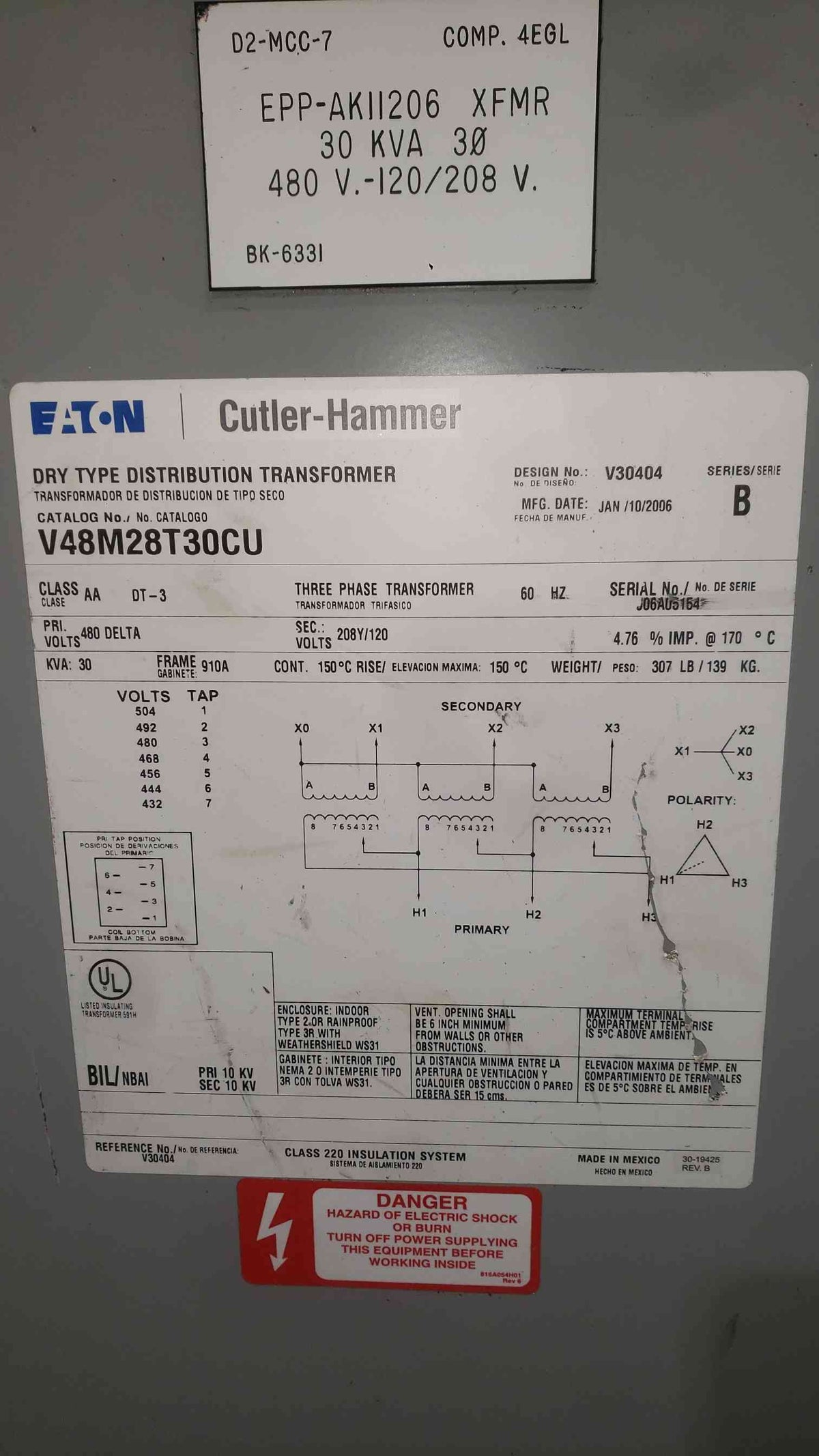 Eaton Cutler Hammer V48M28T30CU 30 KVA 3 Phase 480V to 208Y/120V Transformer CU
