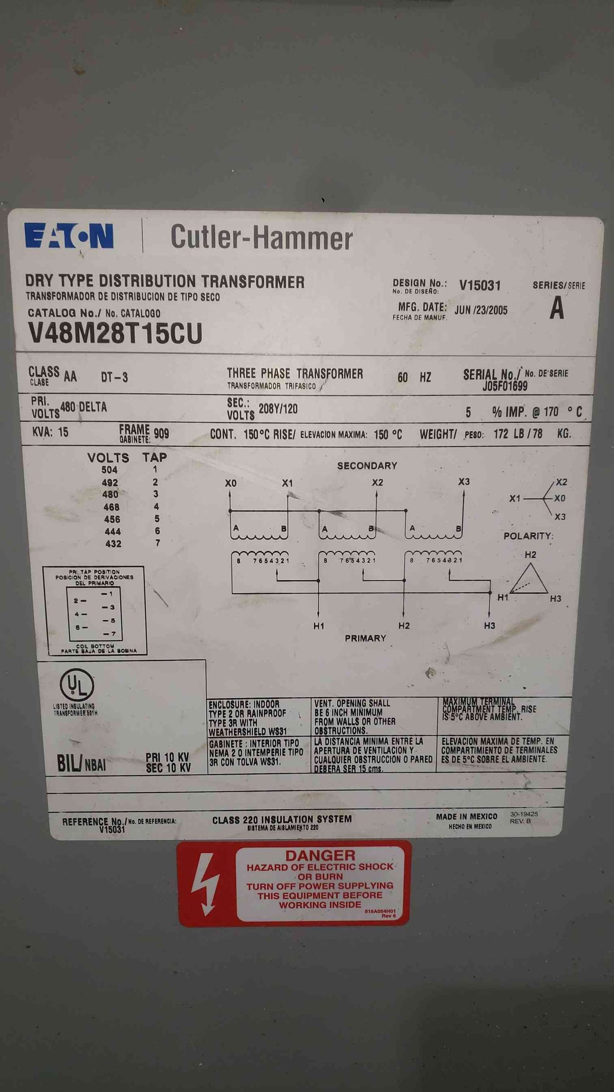 Cutler Hammer 15 KVA Copper Transformer 480V to 208Y 120V 3 Phase V48M28T15CU