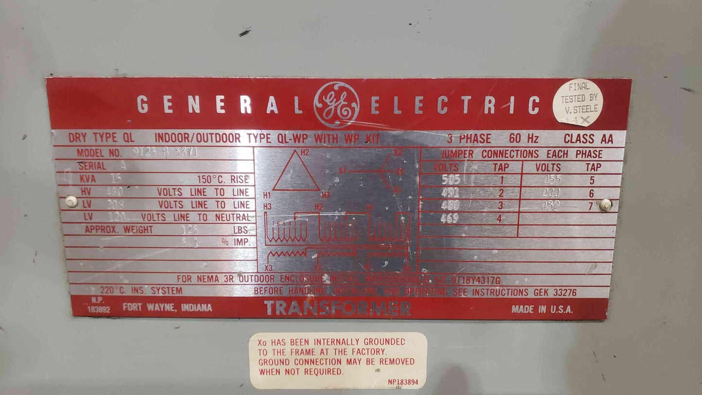 GE 9T23B3871 15 KVA 3 Phase Dry Type Transformer 480V to 208Y/120V Type QL