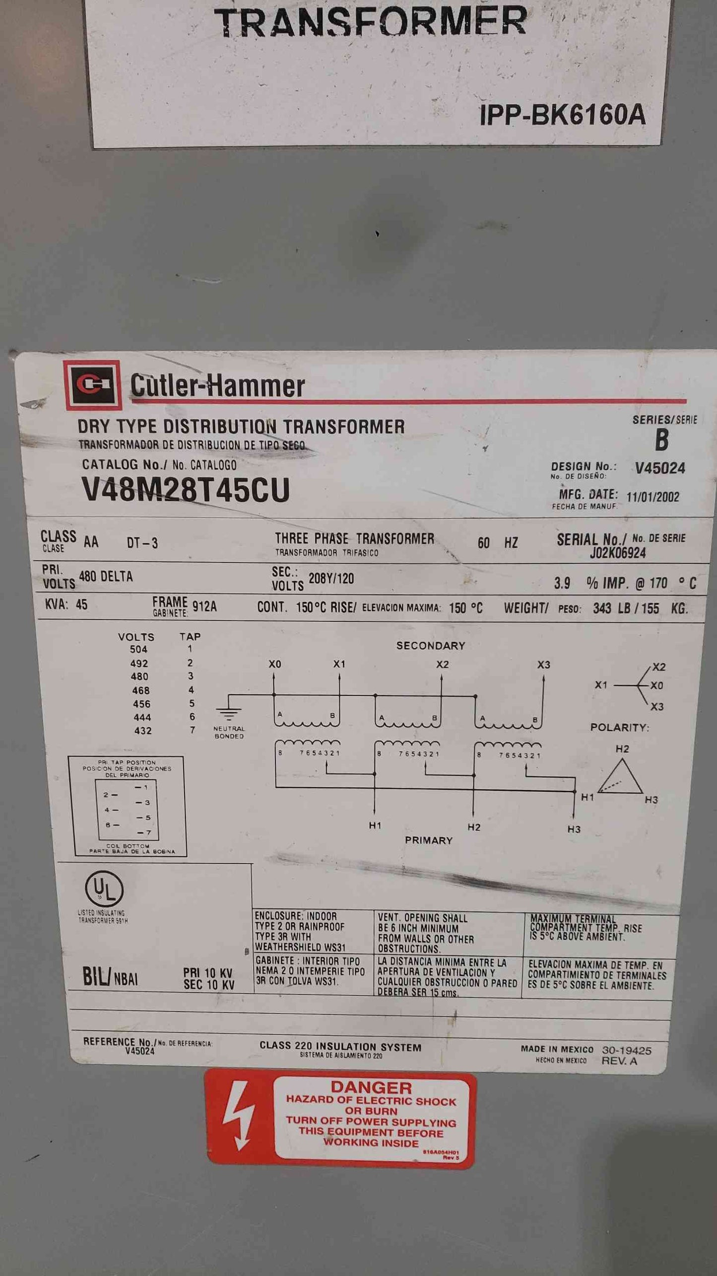 Cutler-Hammer 45KVA 480-208Y/120 3PH Transformer V48M28T45CU (SKU: 113760)