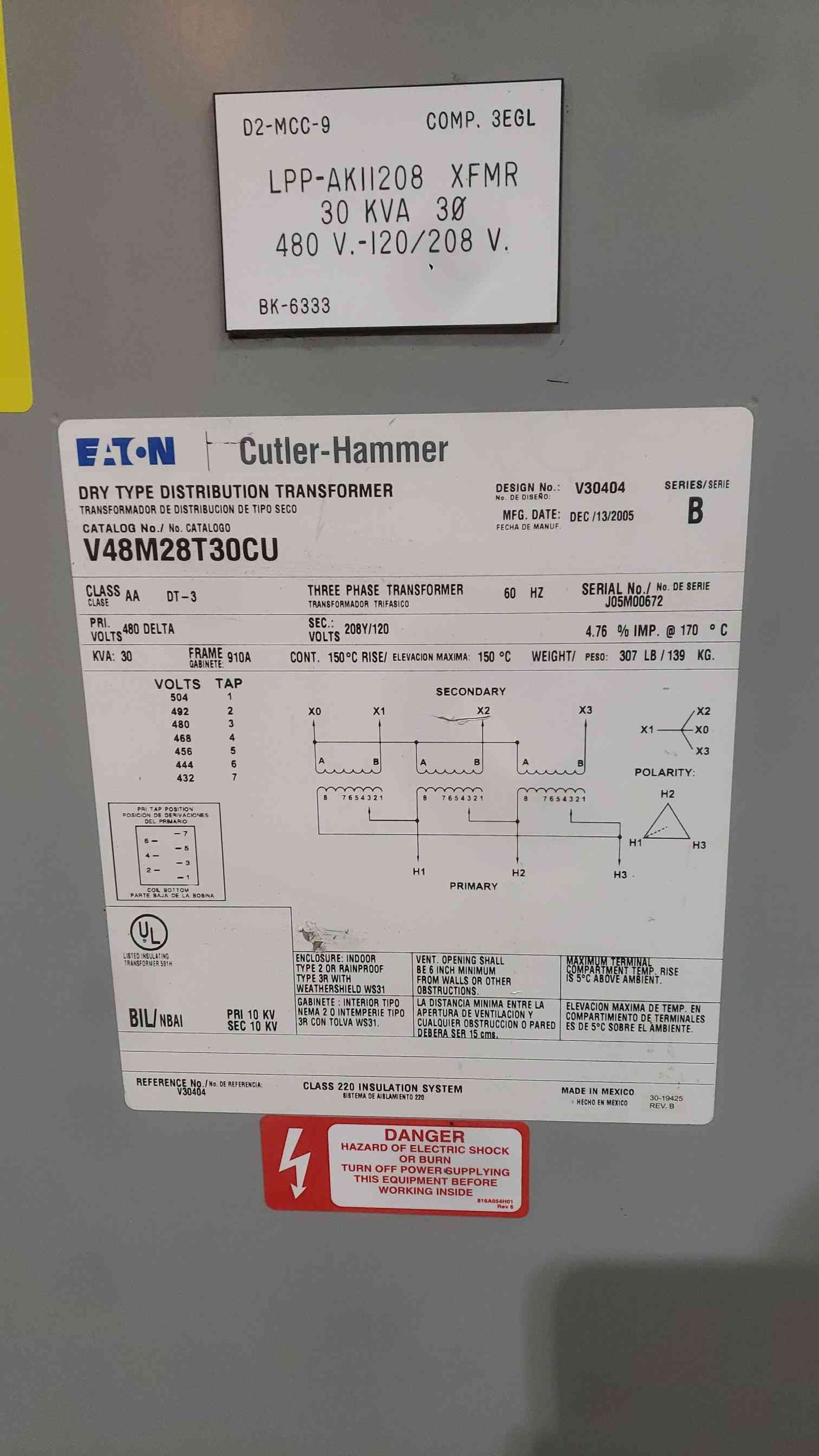 Eaton Cutler Hammer 30 kVA Transformer 480V to 208Y 120V 3 Phase Copper V48M28T30CU (SKU: 113441)