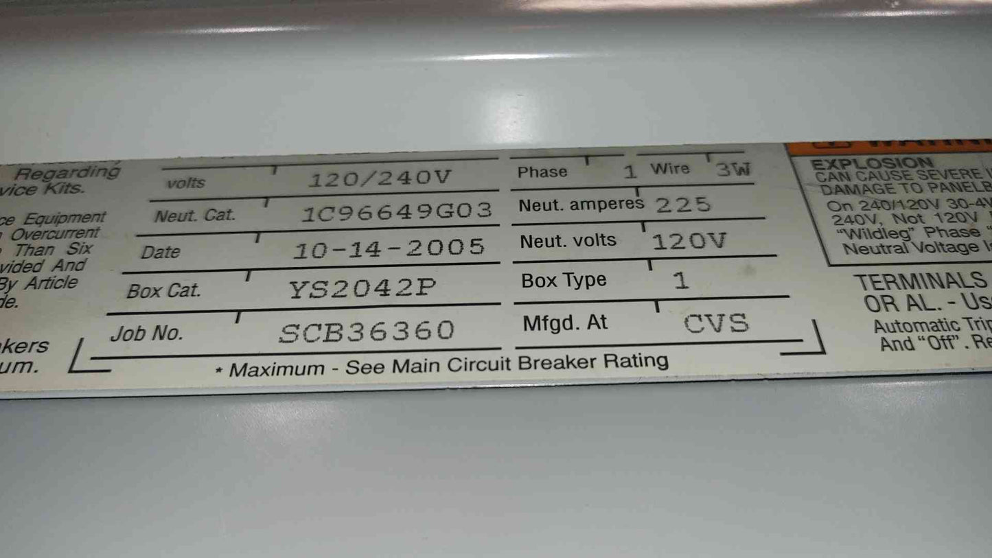 Eaton Cutler-Hammer PRL1a 225A 120/240V 1 Phase 42 Ckt Panelboard Loaded 20A Black