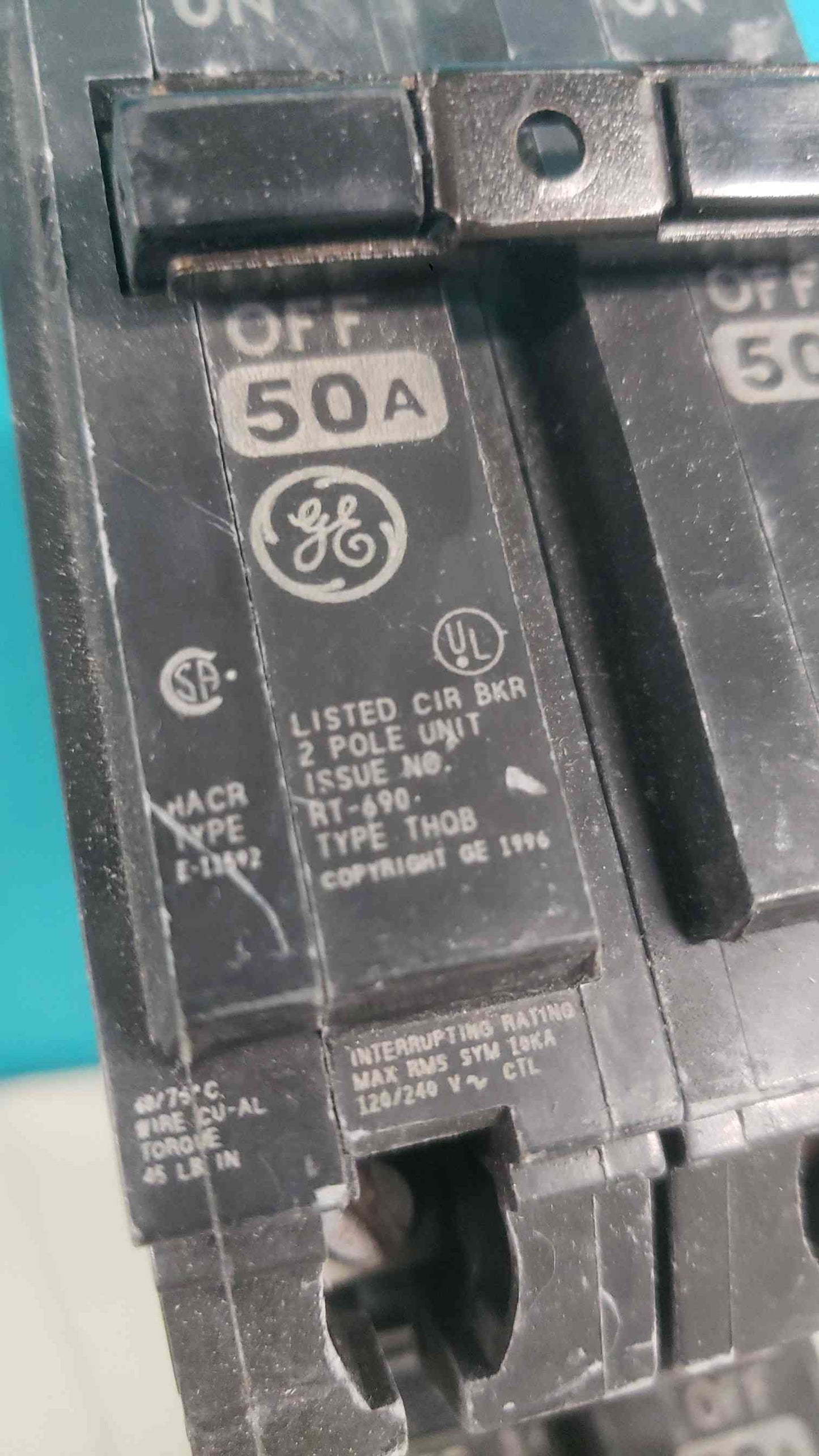 GE 50A 240VAC 2 Pole Circuit Breaker (Sku 113789)
