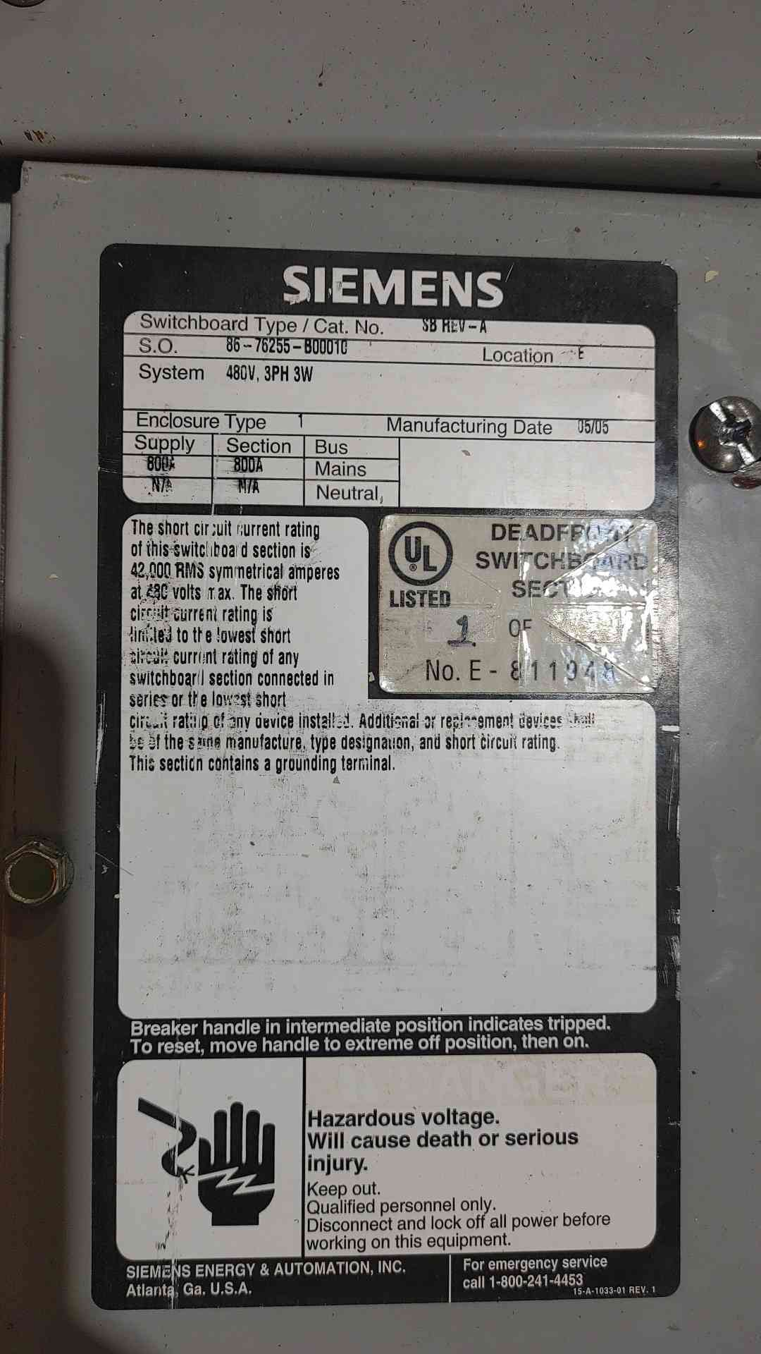 Siemens SB 800A 480V 3 Phase Switchboard Section 250A 125A 100A 3-Pole Breakers
