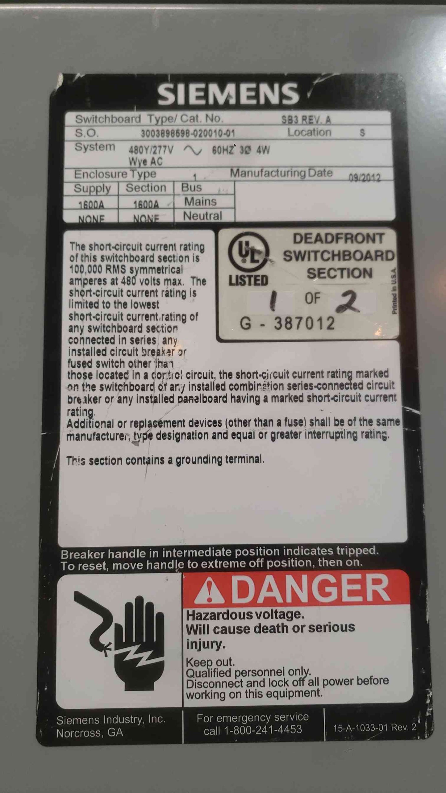 Siemens SB3 1600A 480V 3PH Maintenance Bypass Switchboard Cabinet LPX3B160 MBS