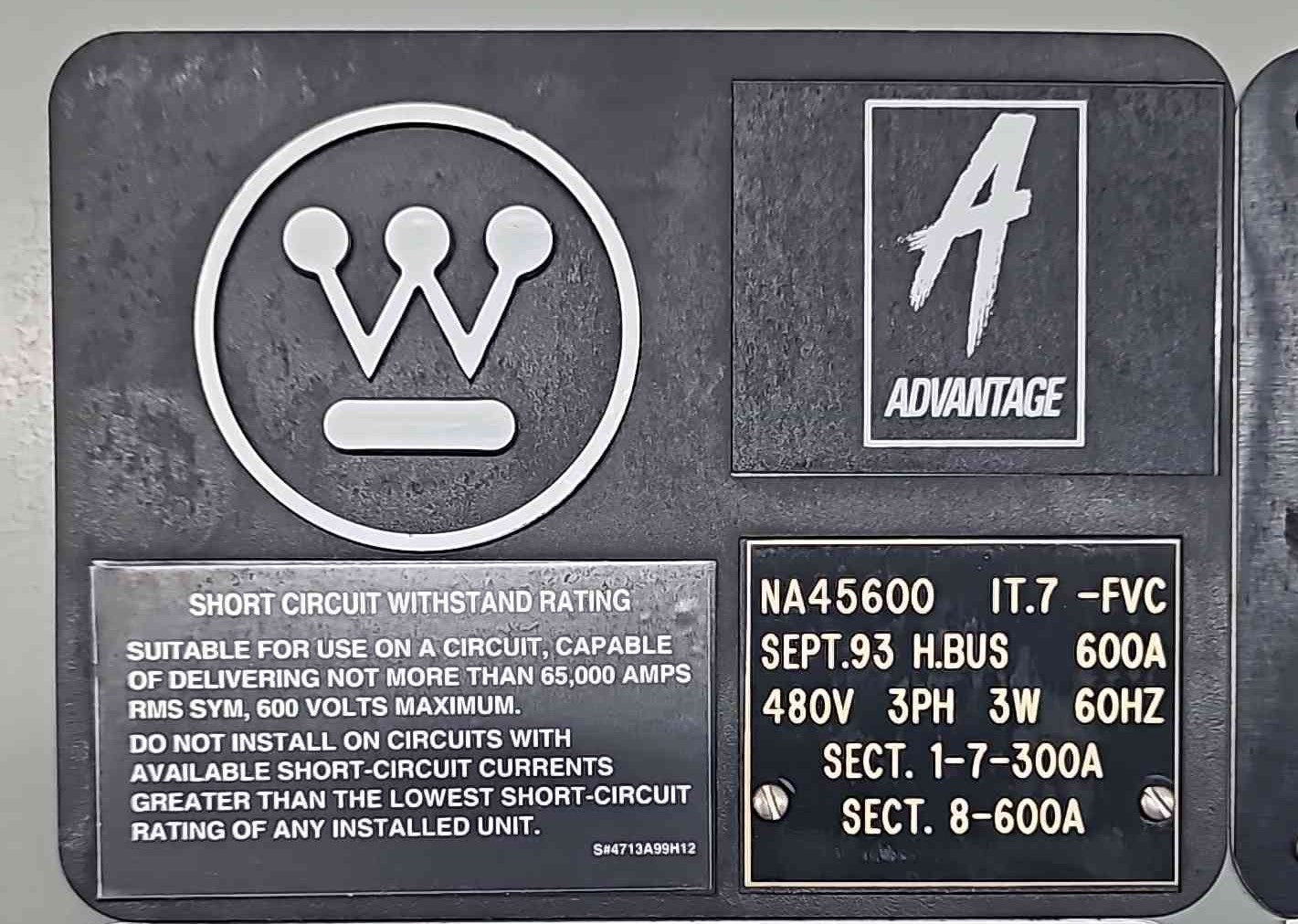 Westinghouse Advantage Motor Control Center MCC 480V 3PH 600A 65kA 8-Sec Cutler Eaton