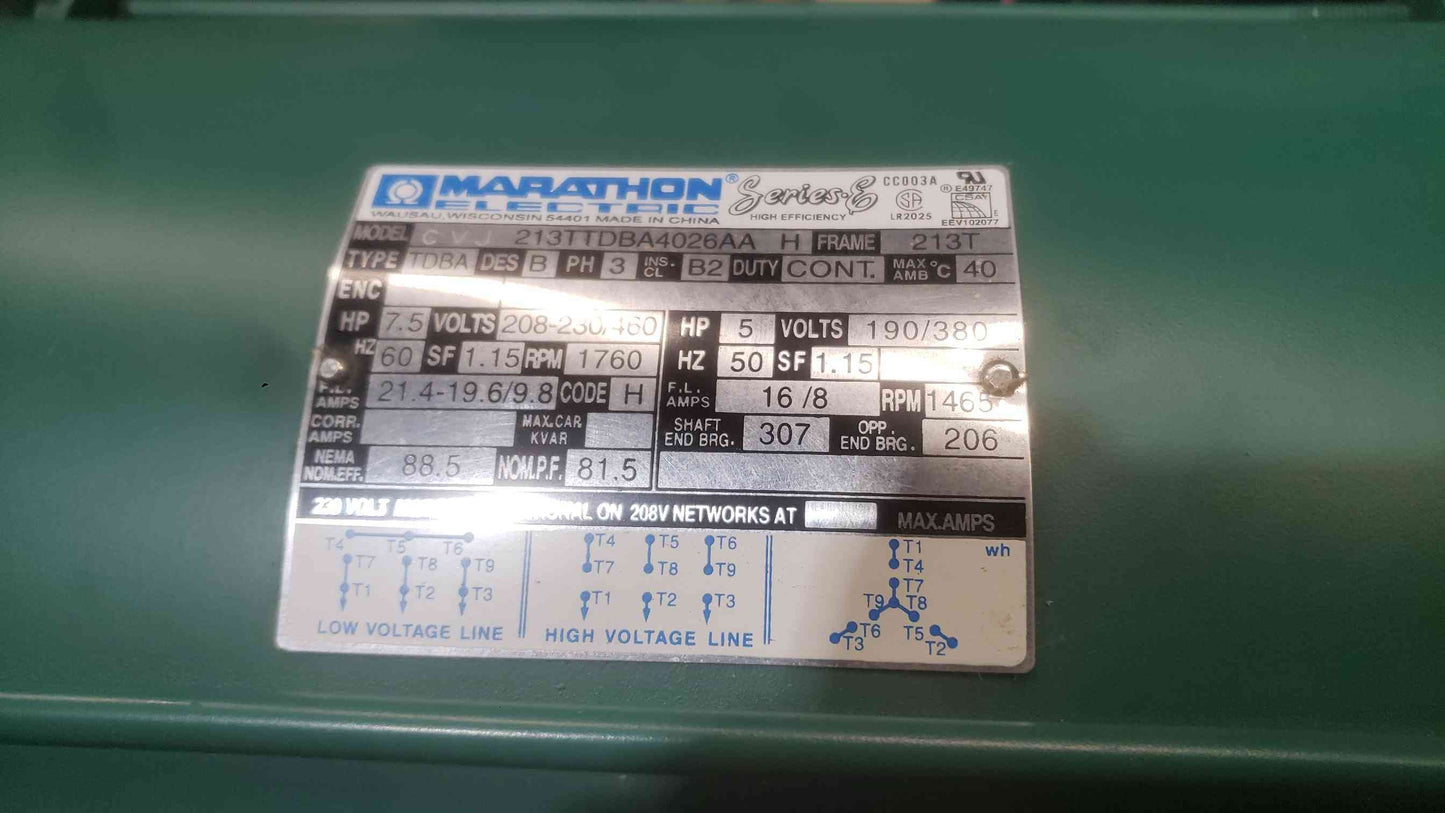 Marathon 7.5 HP 3 Phase Industrial Motor 1760 RPM 230V 460V 213T ODP Series-E Pulley