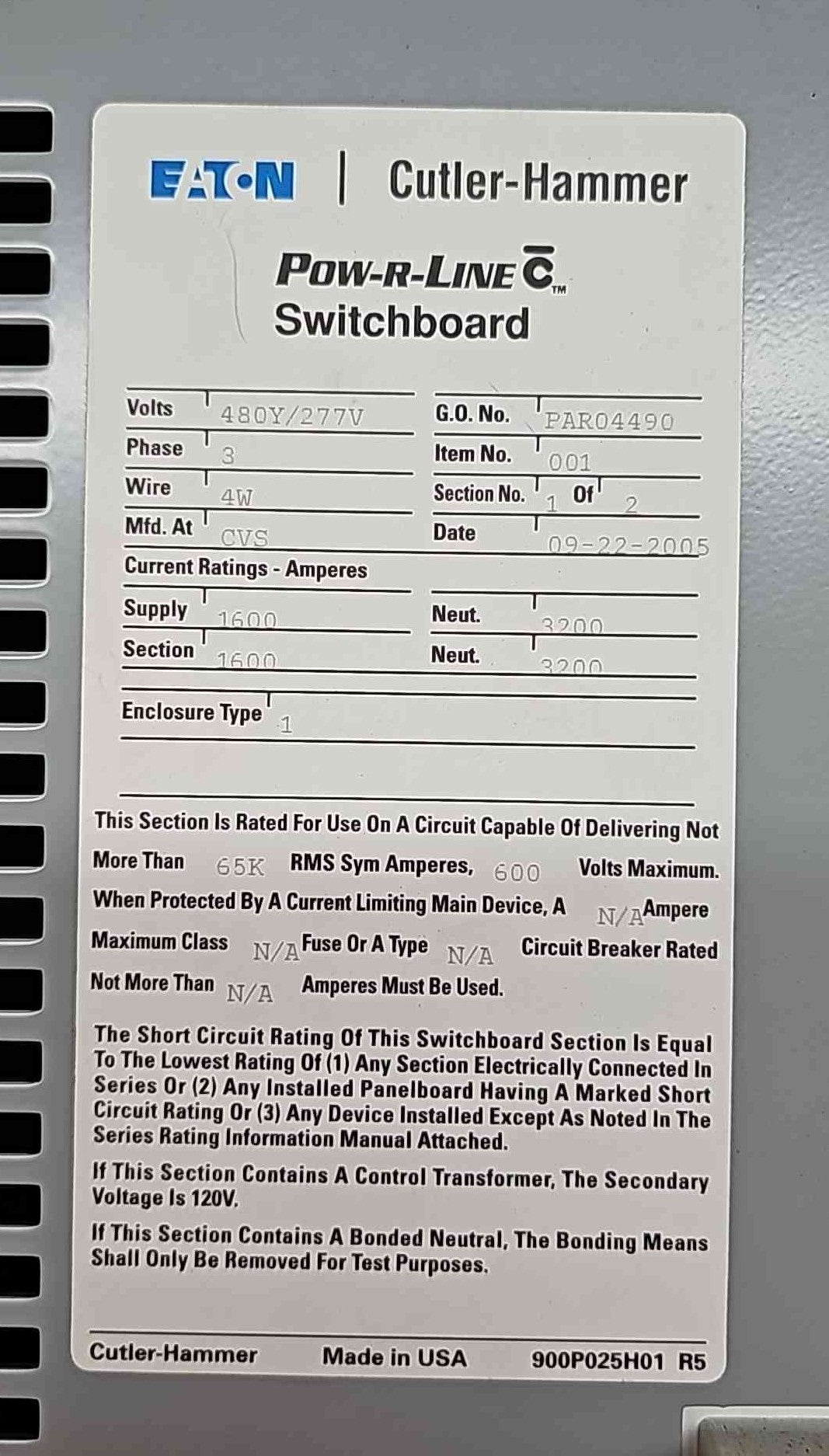 Eaton Cutler Hammer 1600A Switchboard 3x 1600 Amp RD Breakers UPS Bypass 480V