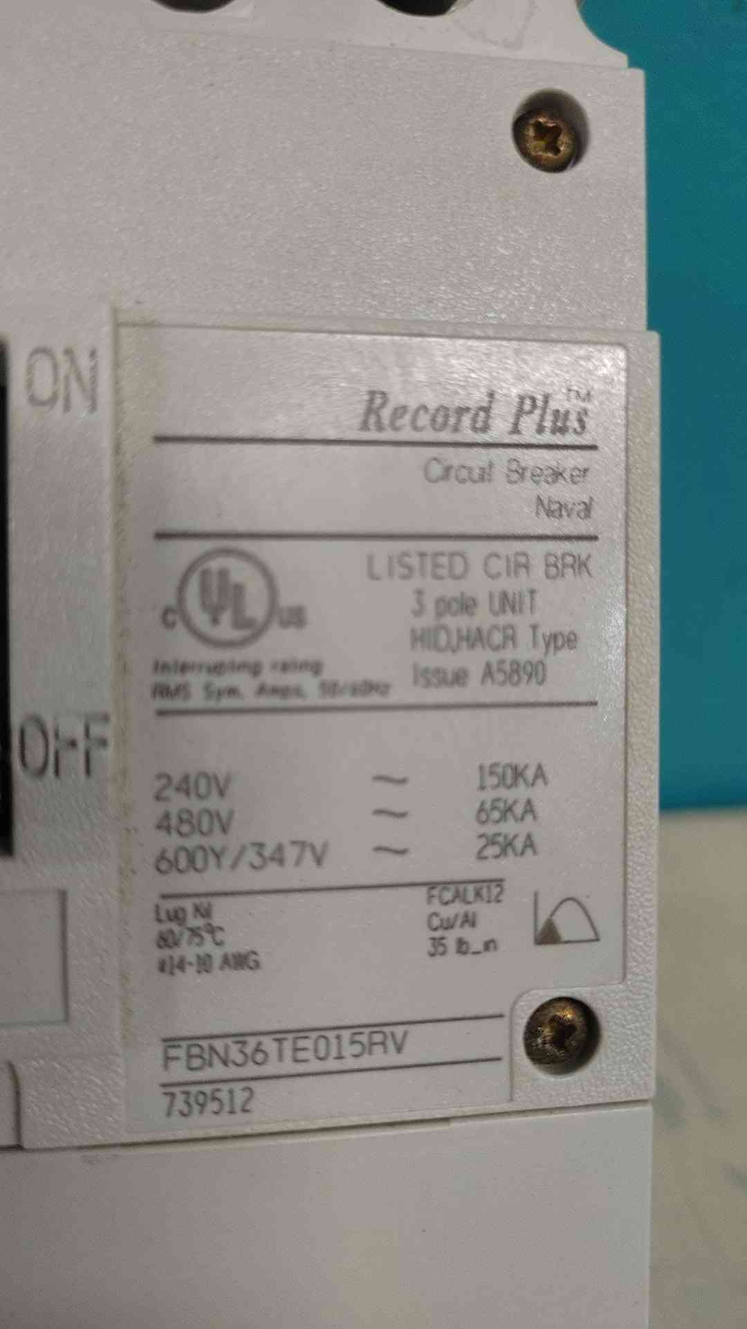 GE FBN36TE015RV Record Plus 15A 3 Pole 480V 600V 15 Amp HID HACR Circuit Breaker