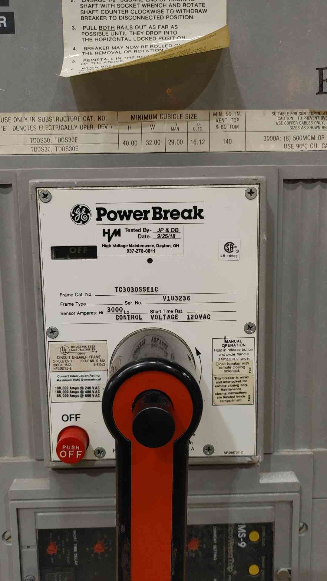 GE Power Break 3000A Circuit Breaker TC3030SSE1C 3 Pole MicroVersaTrip MS-9 480V