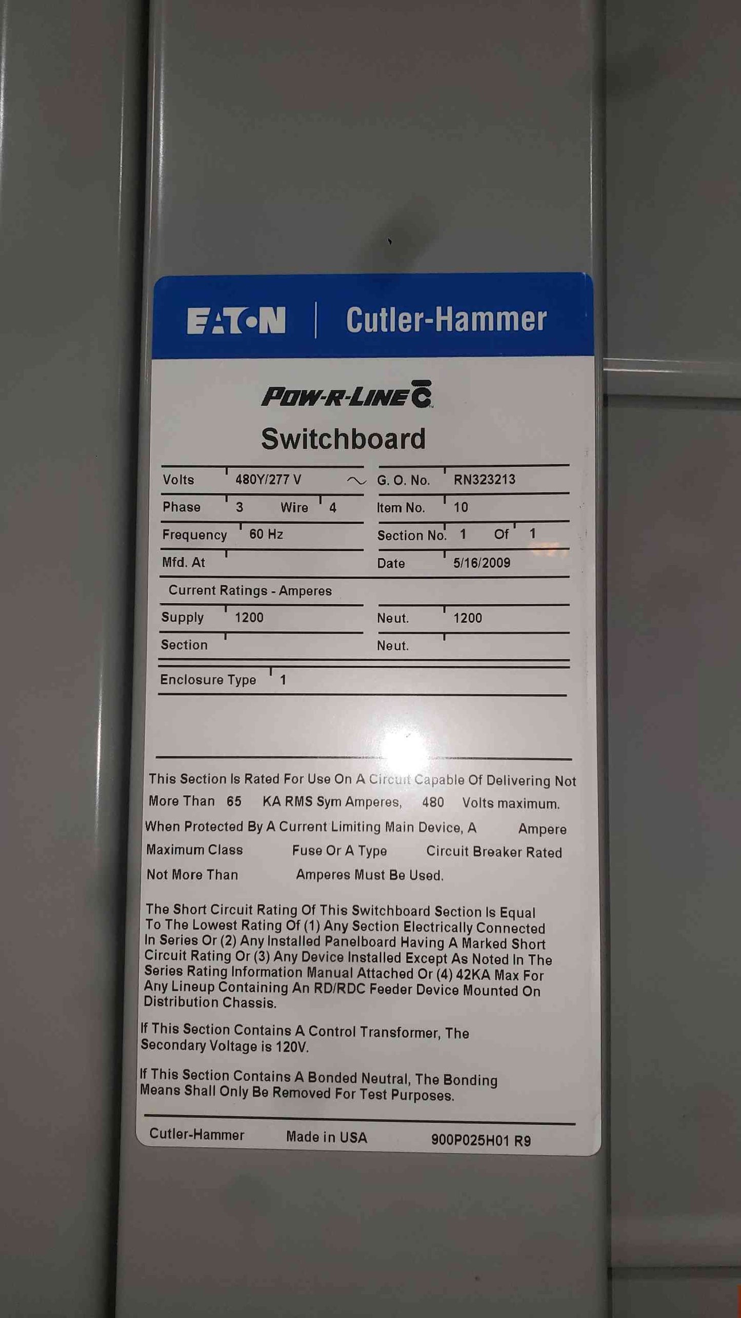 Eaton Pow-R-Line C Switchboard 1200A 480V 3PH UPS Maintenance Bypass Panel HLD