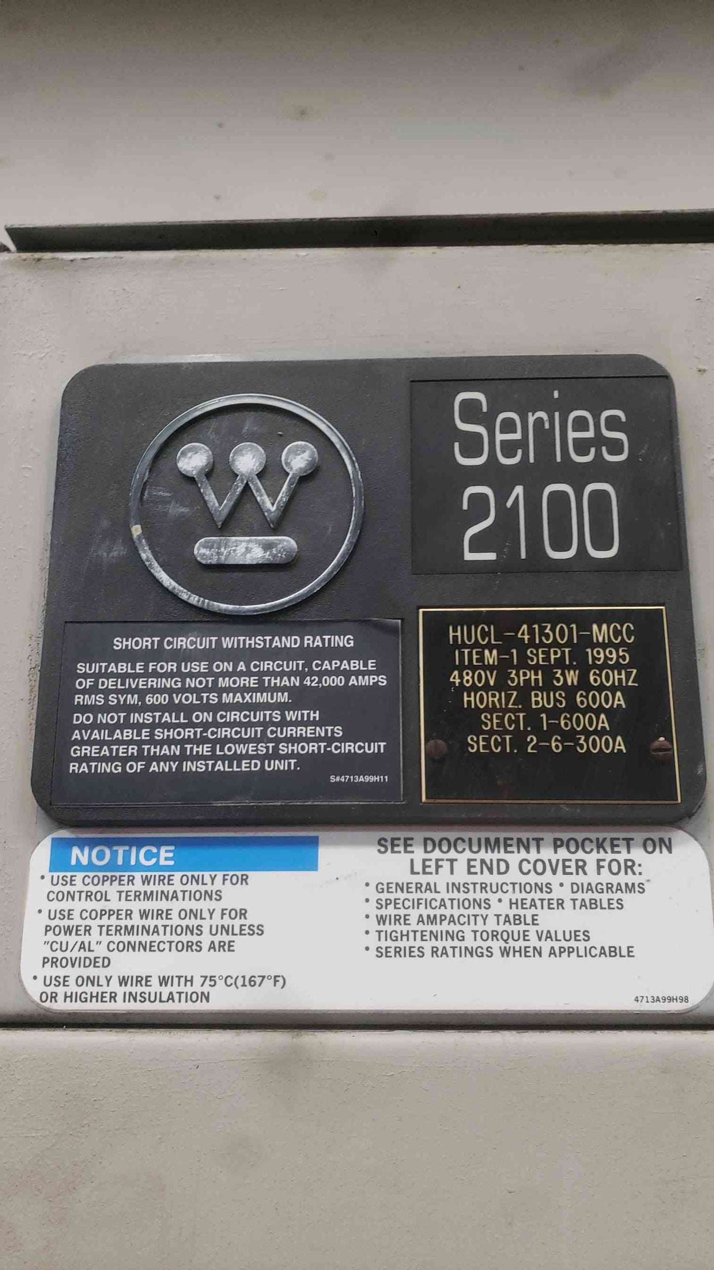 Westinghouse Cutler Hammer Series 2100 MCC 480V 3PH 600A 42kA 6 Sec Motor Control