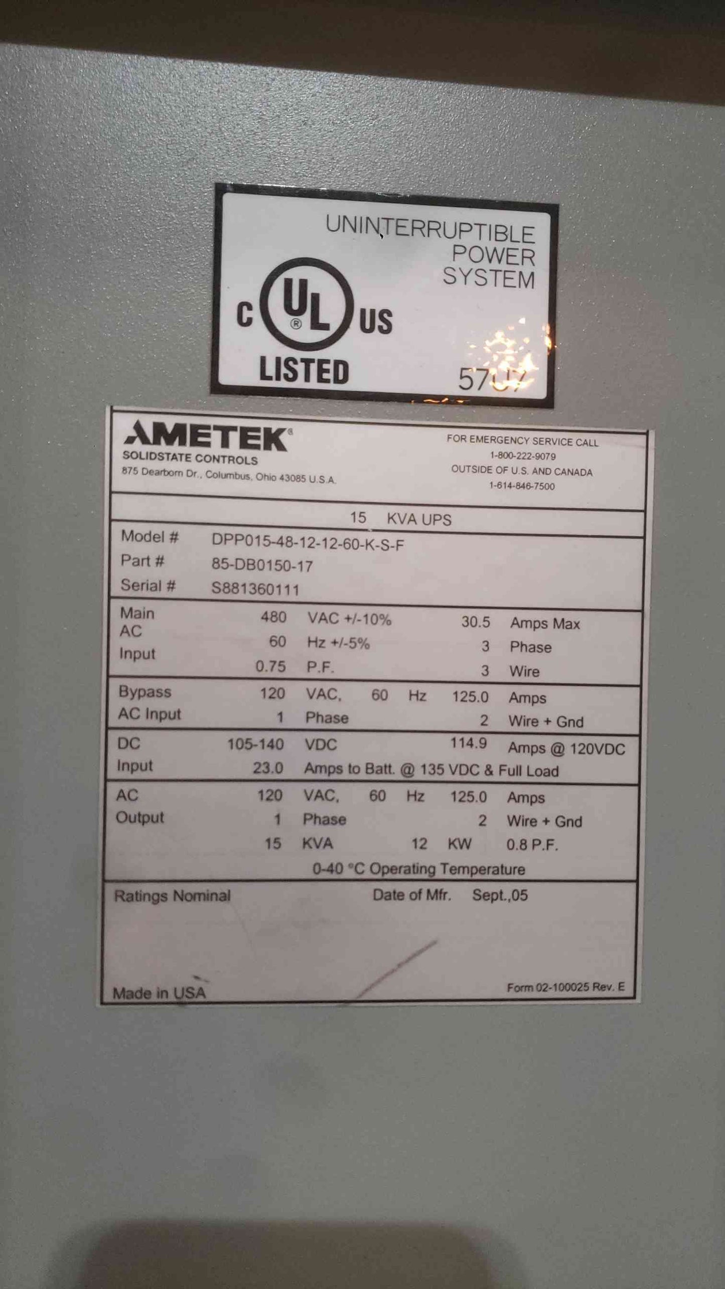 Ametek DPP 15 kVA Industrial UPS System 480V to 120V Tower DPP015 GE Breakers