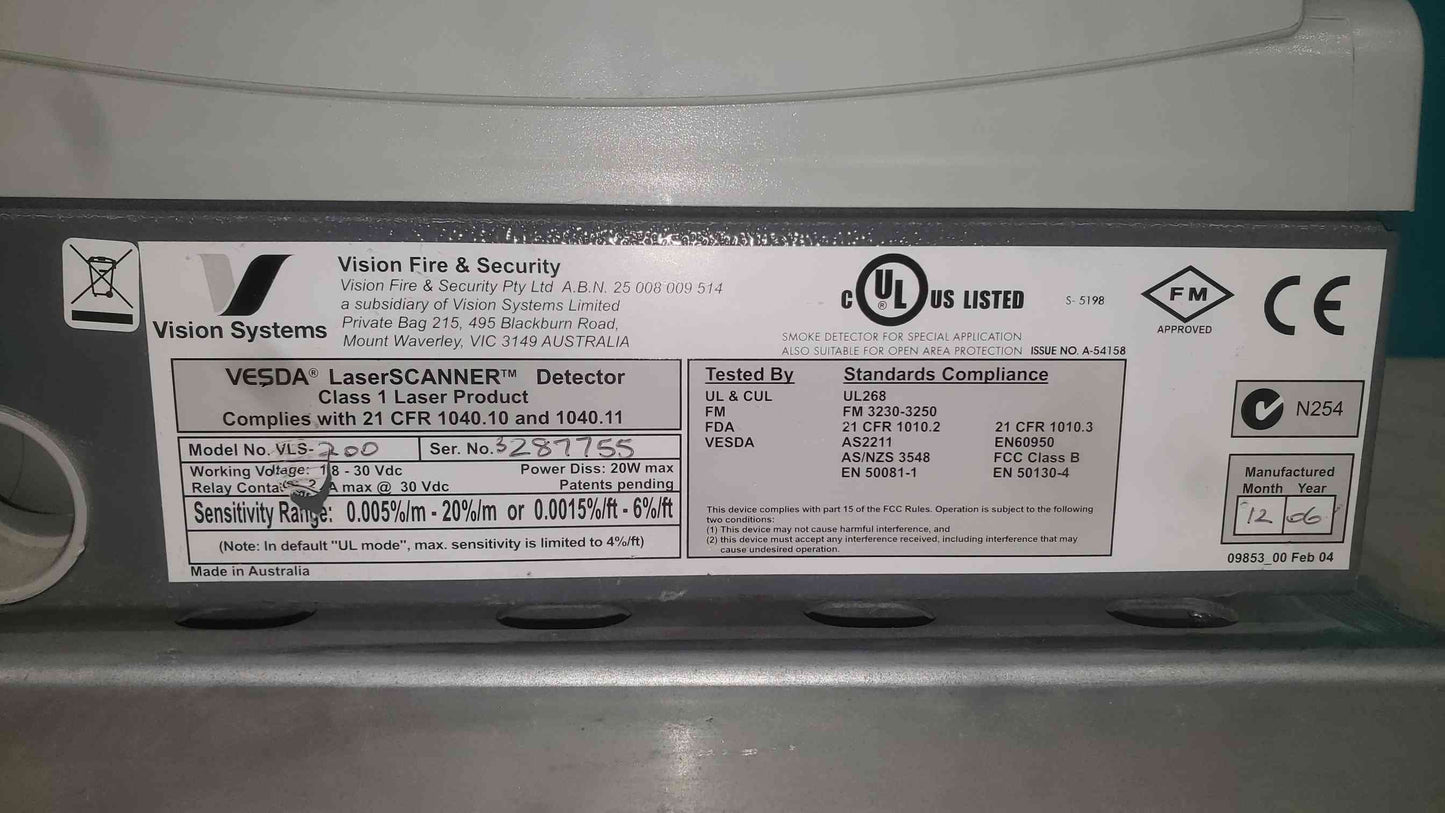 Siemens VESDA LaserSCANNER VLS-200 Aspirating Smoke Detector VLS200 4-Pipe