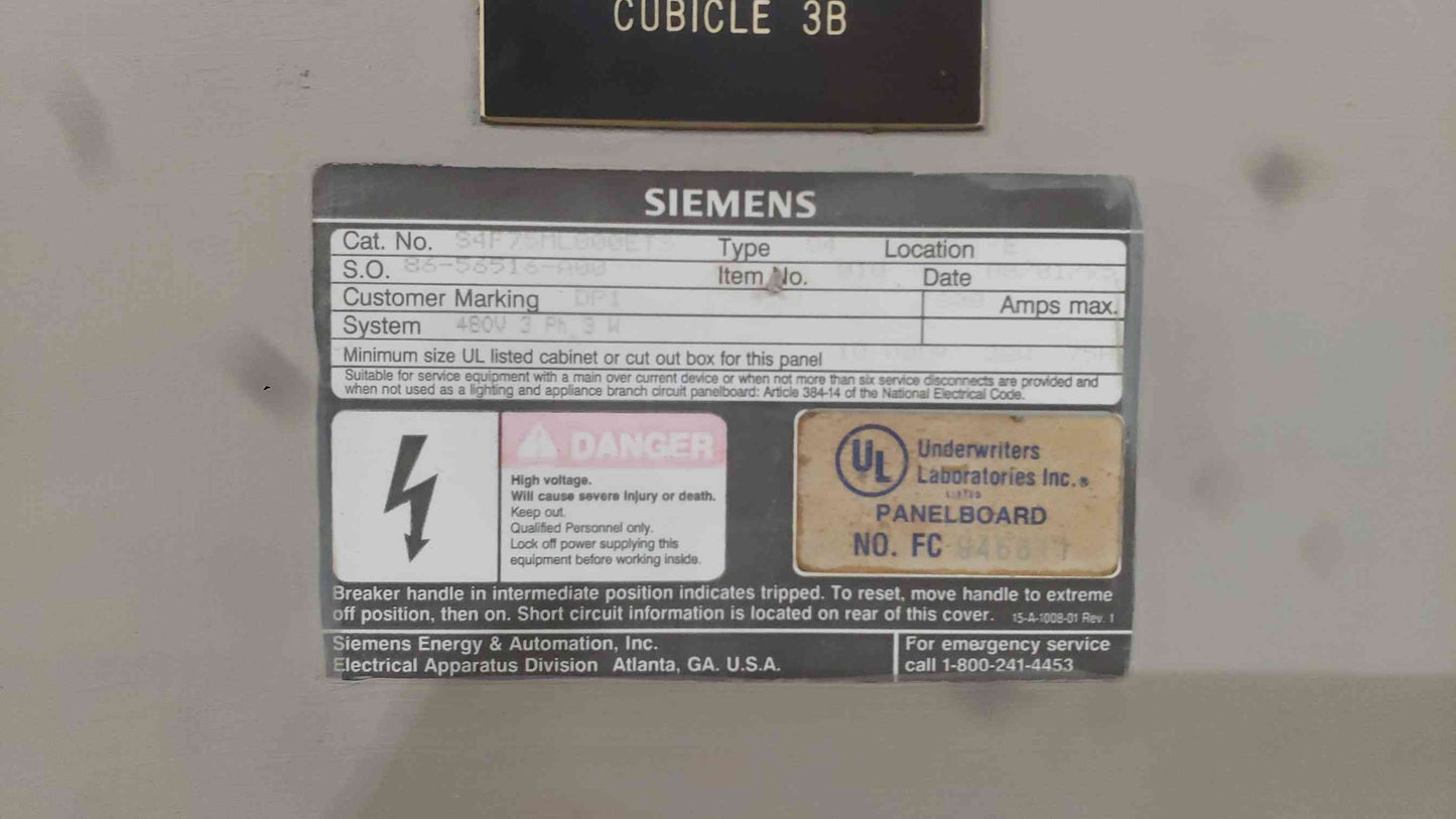Siemens S4F75ML800ETS 800A 480V 3PH Power Distribution Panel W/ 24 Breakers