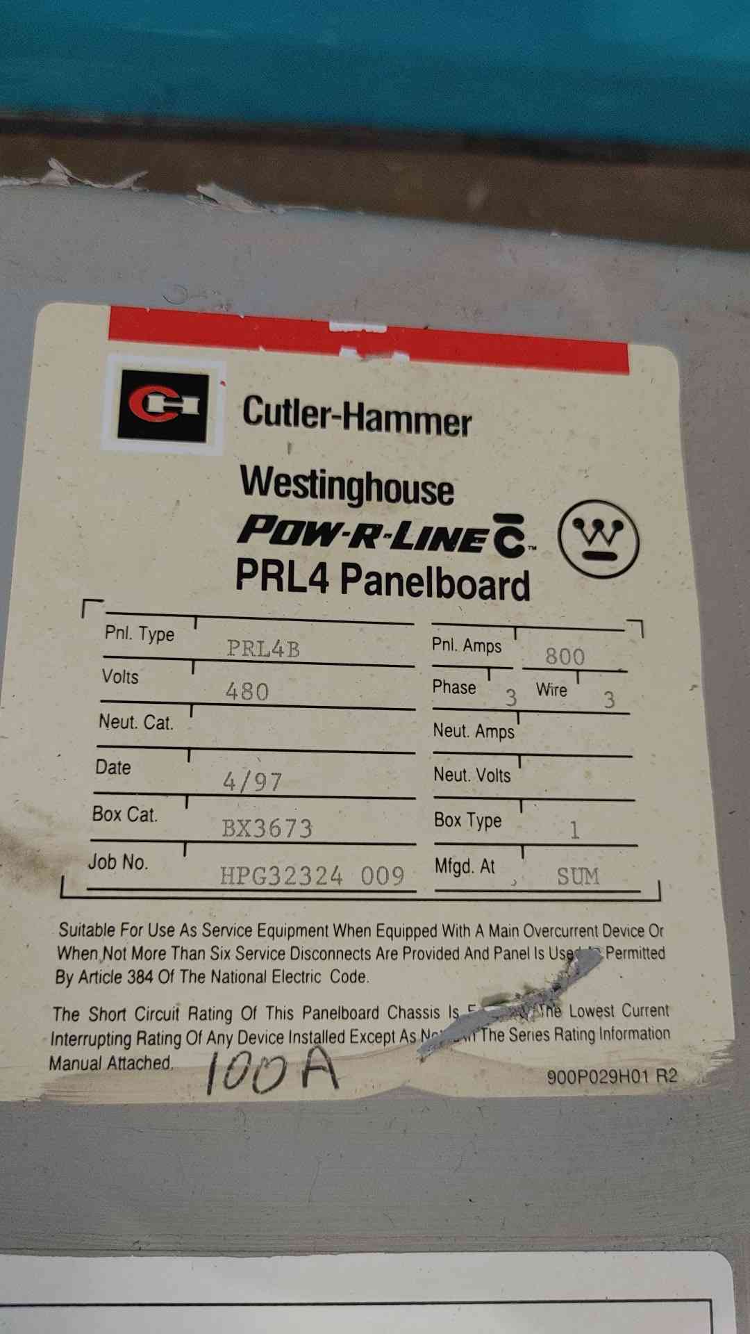 Cutler Hammer PRL4B 800A 480V 3PH Panelboard Pow-R-Line W/ 4x 400A KD Breakers