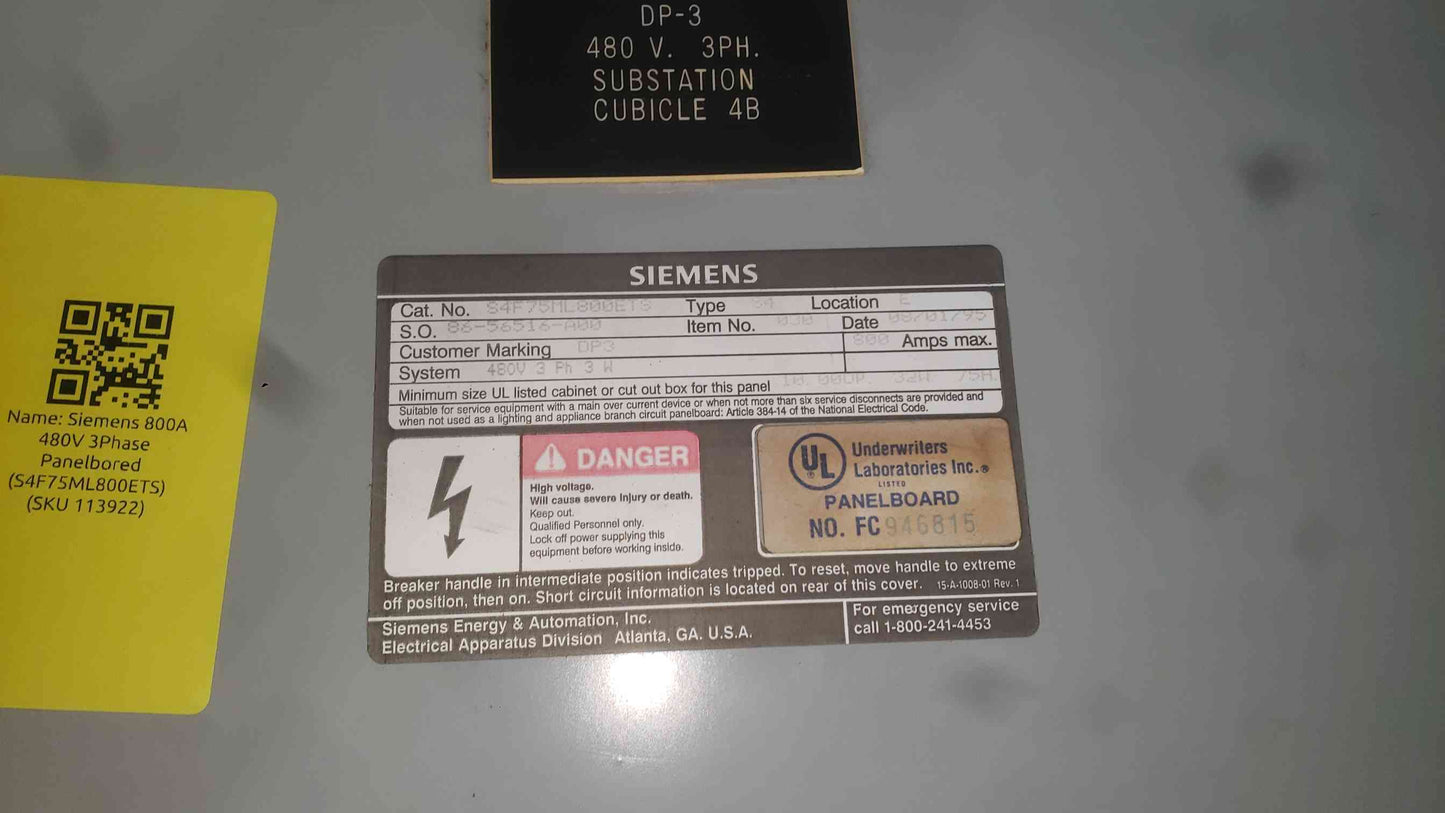 Siemens 800 Amp 480V 3 Phase Distribution Panel Board W/ 200A 100A Breakers
