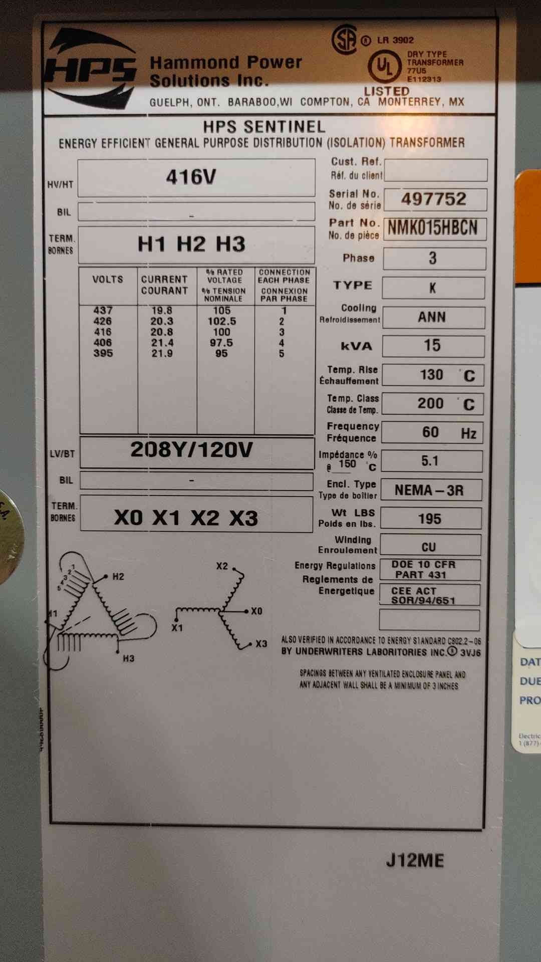 Hammond HPS 15 kVA 3 Phase Transformer 416V to 208Y 120V Copper NEMA 3R NMK015HBCN