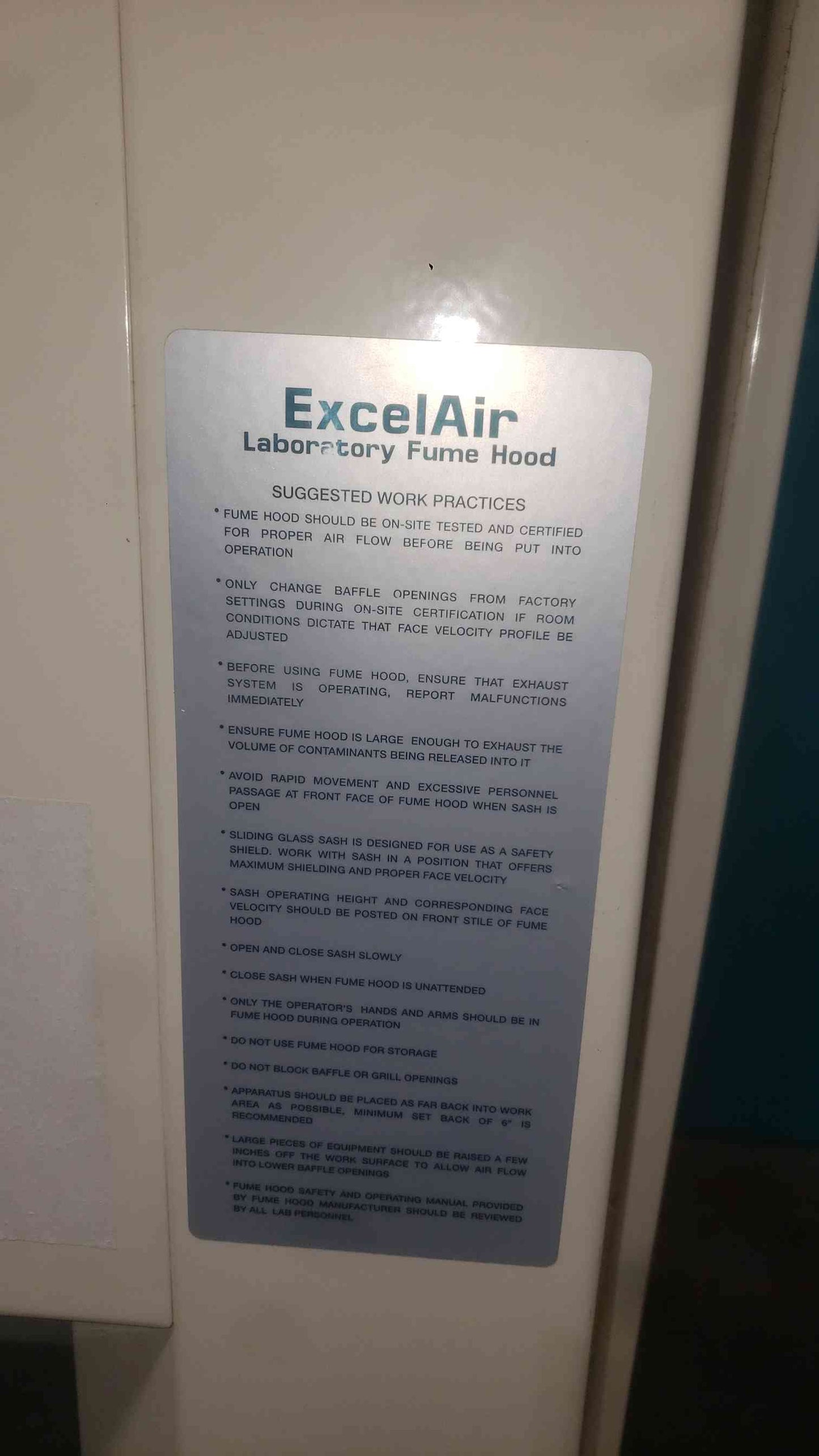 Blier ExcelAir Laboratory Fume Hood Chemical Exhaust Ventilation Station Lab
