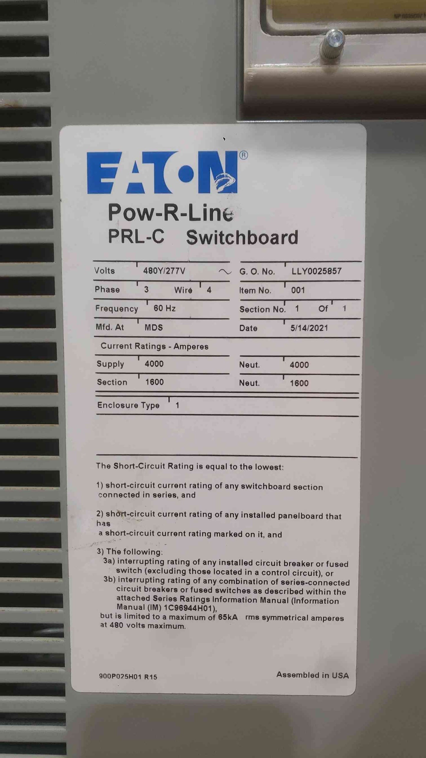 Eaton Pow-R-Line Switchboard 1600A 3 Pole 480V Breaker RG310+ RT316039 LSIG ARMS