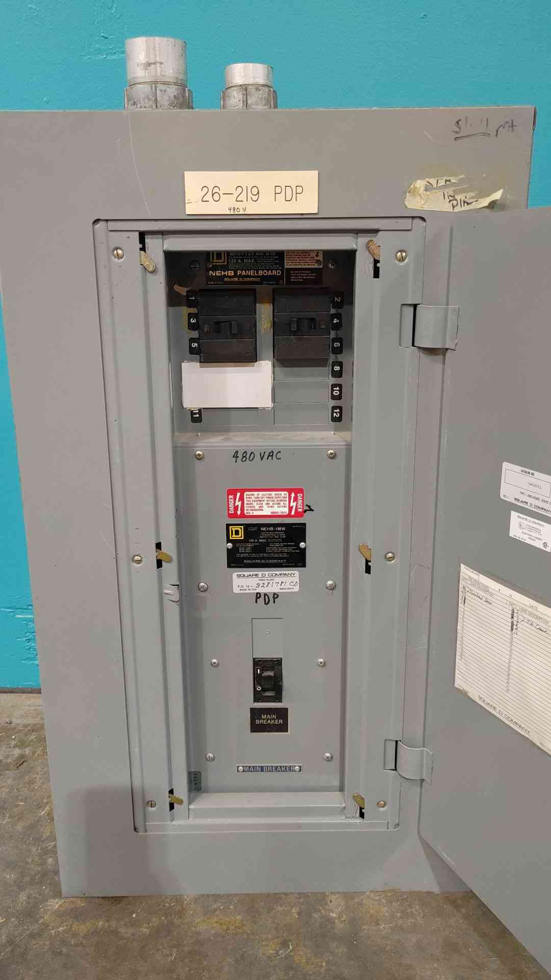 Square D NEHB Panelboard 125A 480V 3PH PDP 100A Main Breaker 2x 20A 3P