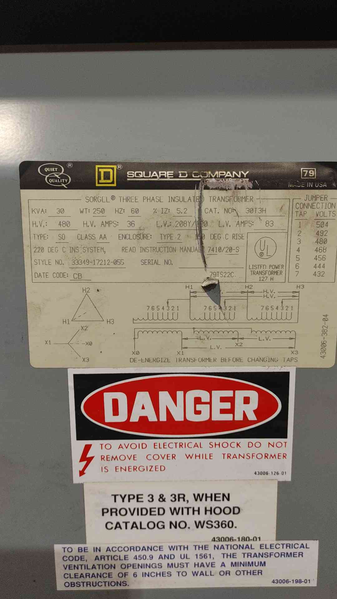 Square D 30KVA 3PH Insulated Transformer CAT. No. 30T3H w/Safety Switch(SKU: 113996)