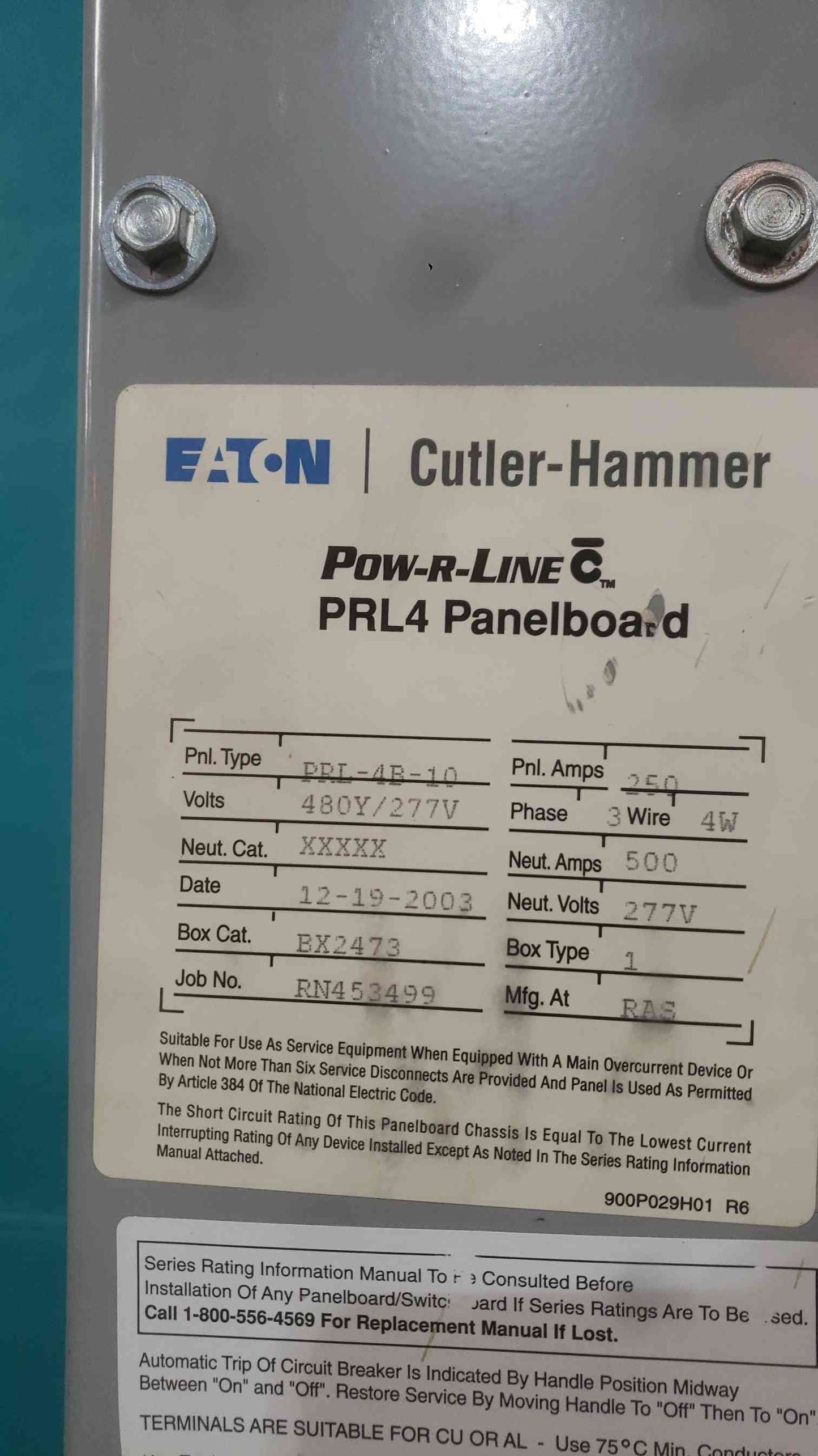 Eaton Cutler-Hammer PRL4 Panelboard 250A 480V 3 Phase 3x 250A Breakers MBP