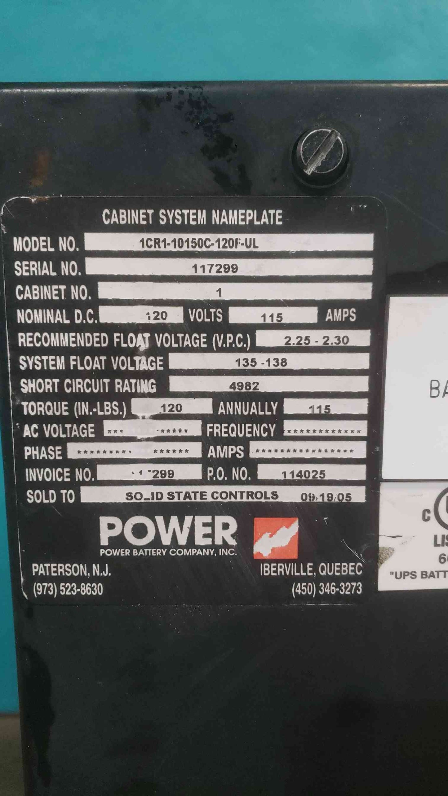 Power Battery Company 120V 115A Battery Cabinet Enclosure 1CR1-10150C-120F-UL