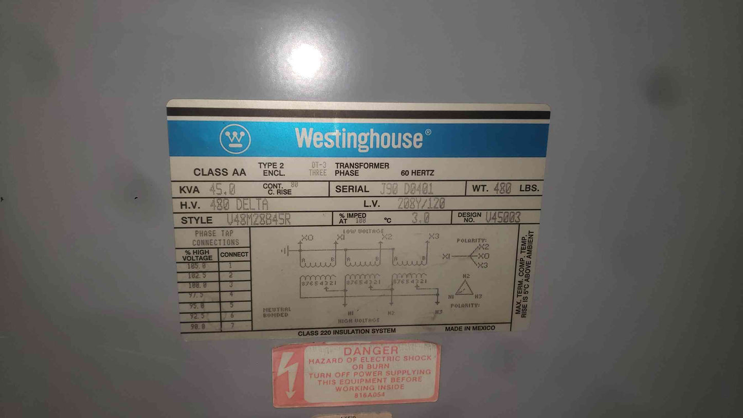 Westinghouse 45 KVA Transformer 3 Phase 480V Delta to 208Y/120V V48M28B45R
