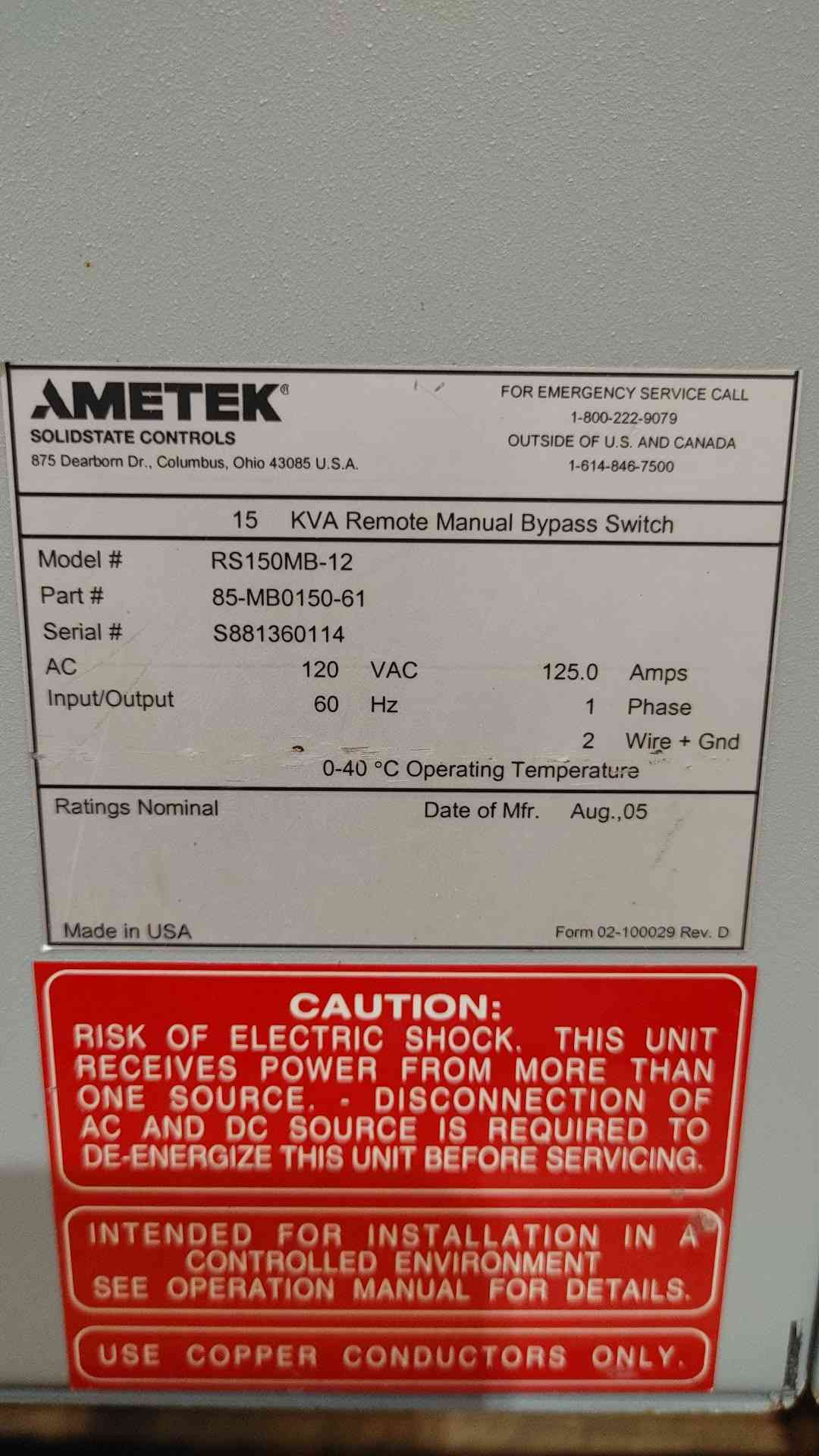 AMETEK RS150MB-12 15 kVA Remote Manual Bypass Switch 120V 125A UPS Transfer 1PH