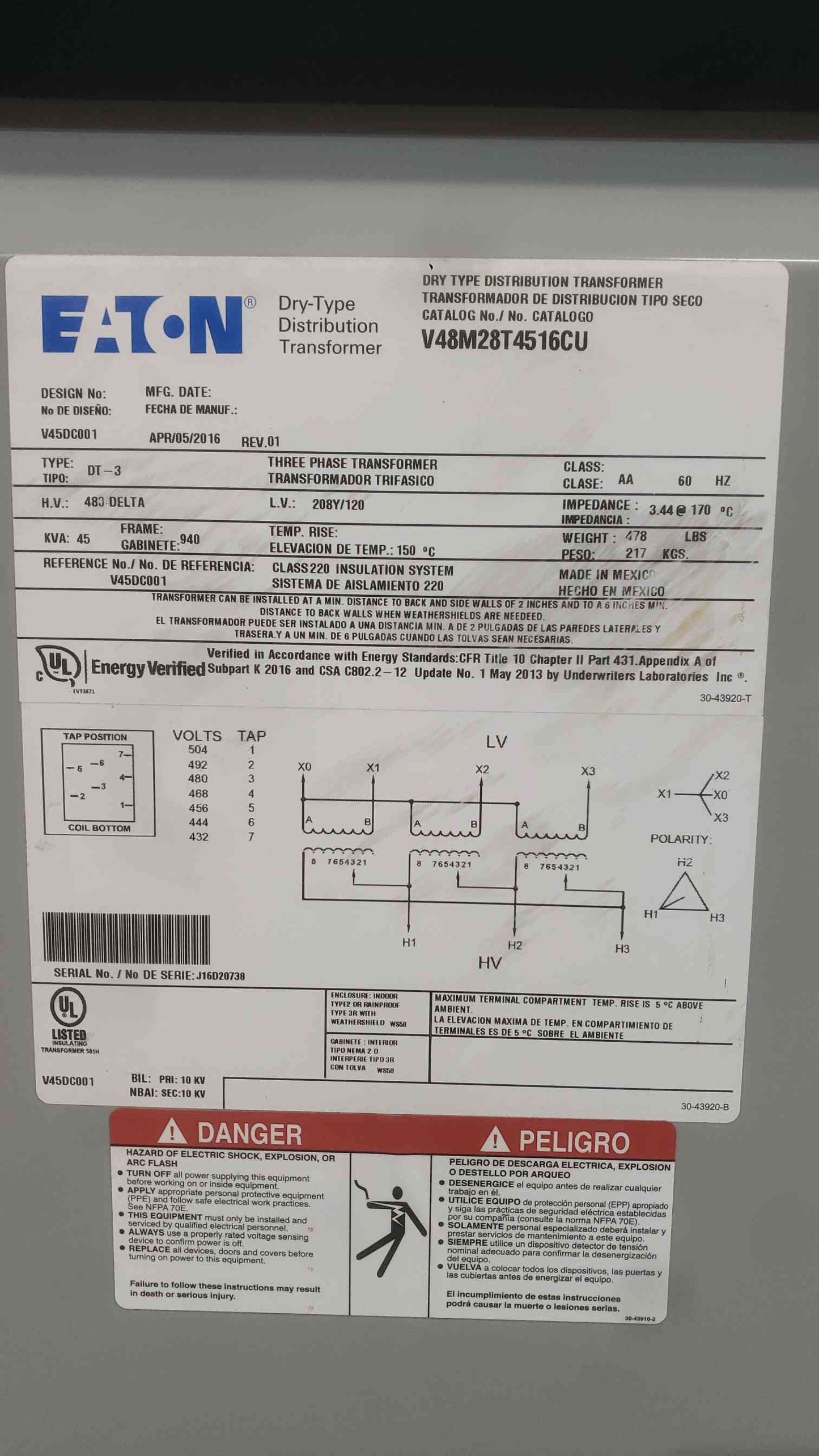 Eaton V48M28T4516CU 45 kVA 3-Phase Dry Type Transformer 480V Delta to 208Y/120V CU