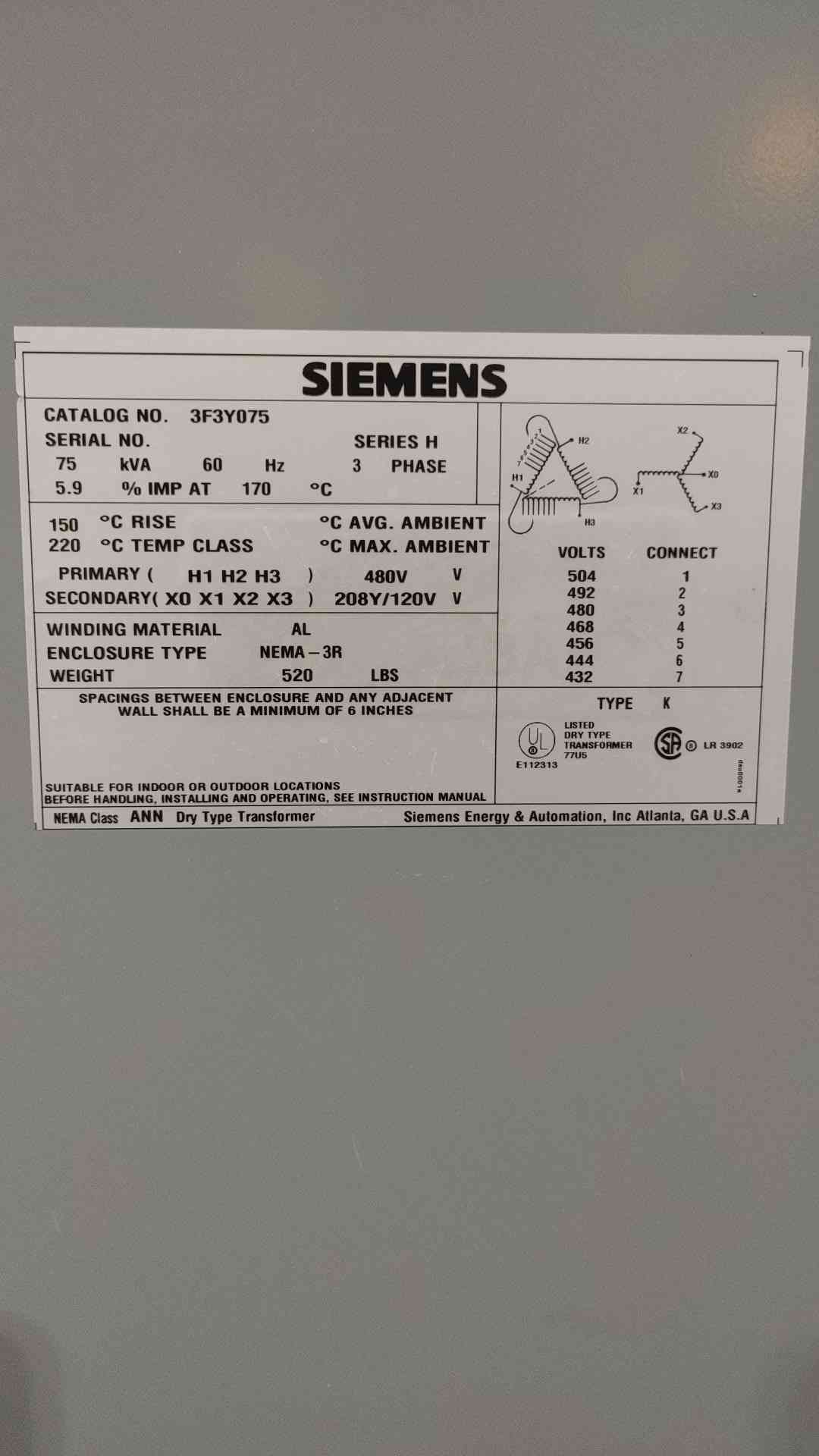 Siemens 75 kVA 3 Phase Transformer 480V to 208Y/120V NEMA 3R Dry 3F3Y075
