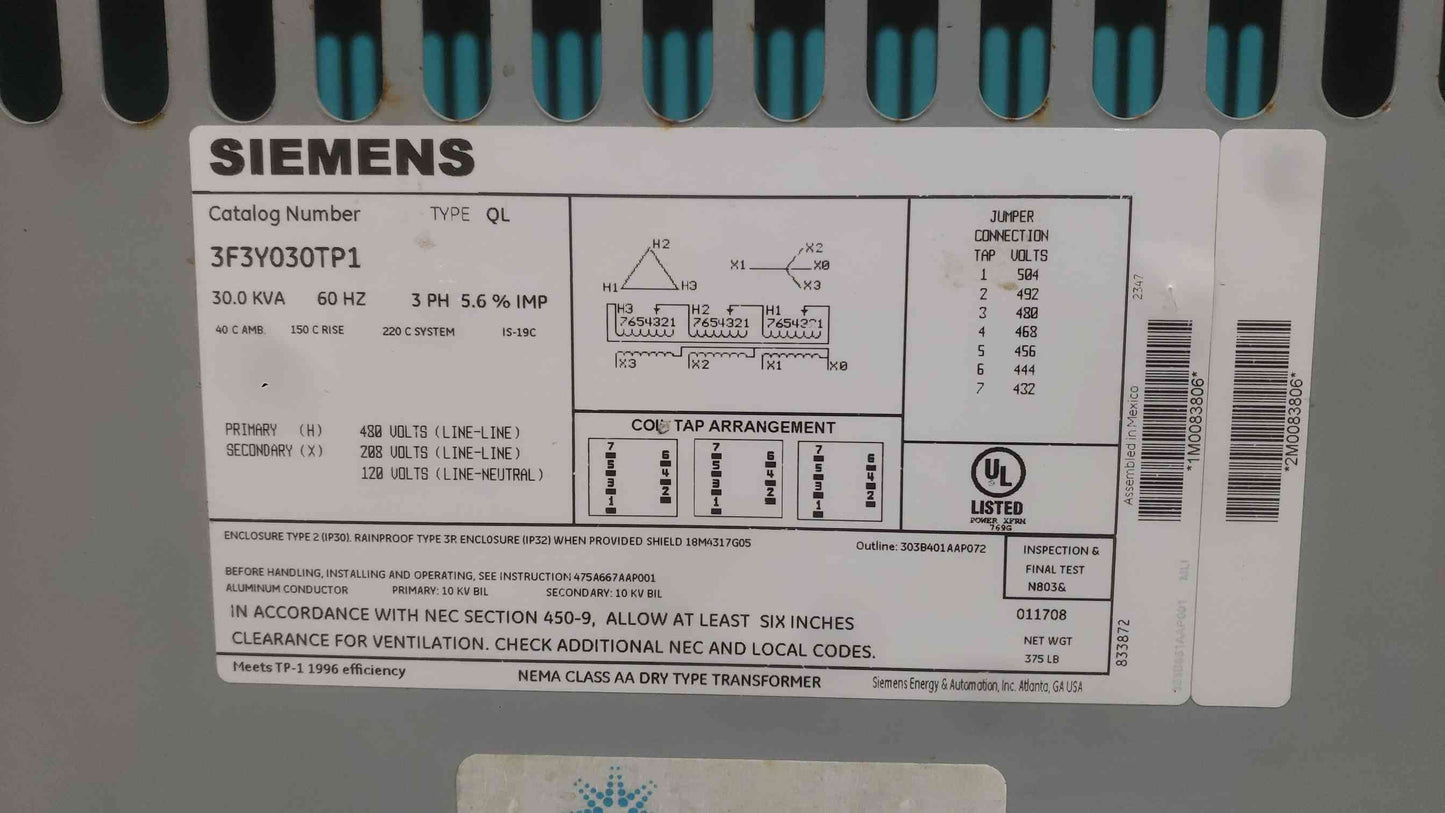Siemens 30 kVA 3 Phase Dry Transformer 480V to 208Y/120V NEMA Type 2 3F3Y030TP1