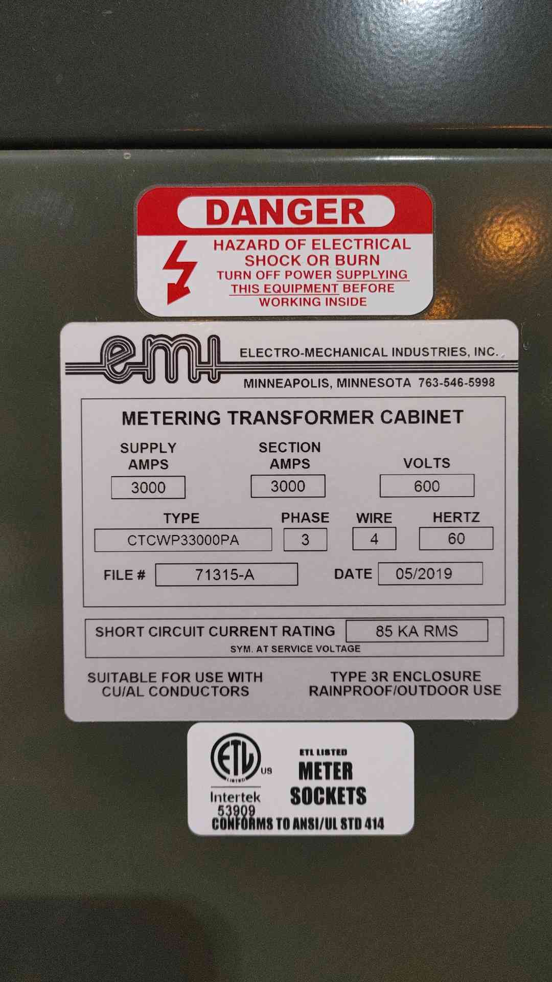 EMI CTCWP33000PA 3000A Metering Transformer Cabinet 3PH 4W 600V CT Enclosure 3R