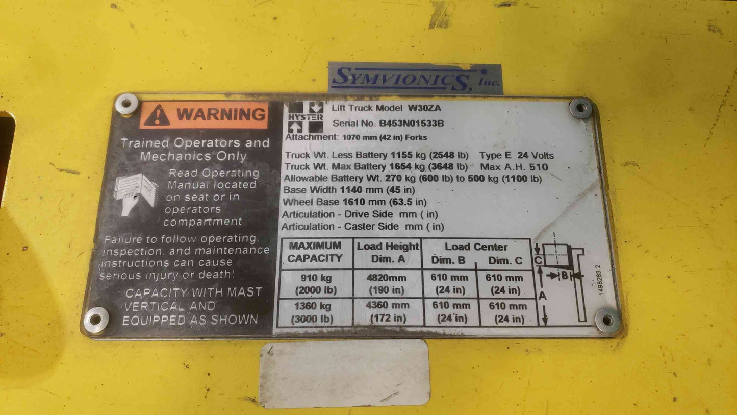 Hyster W30ZA Electric Walkie Straddle Stacker Forklift 24V w/ Hawker HD Charger