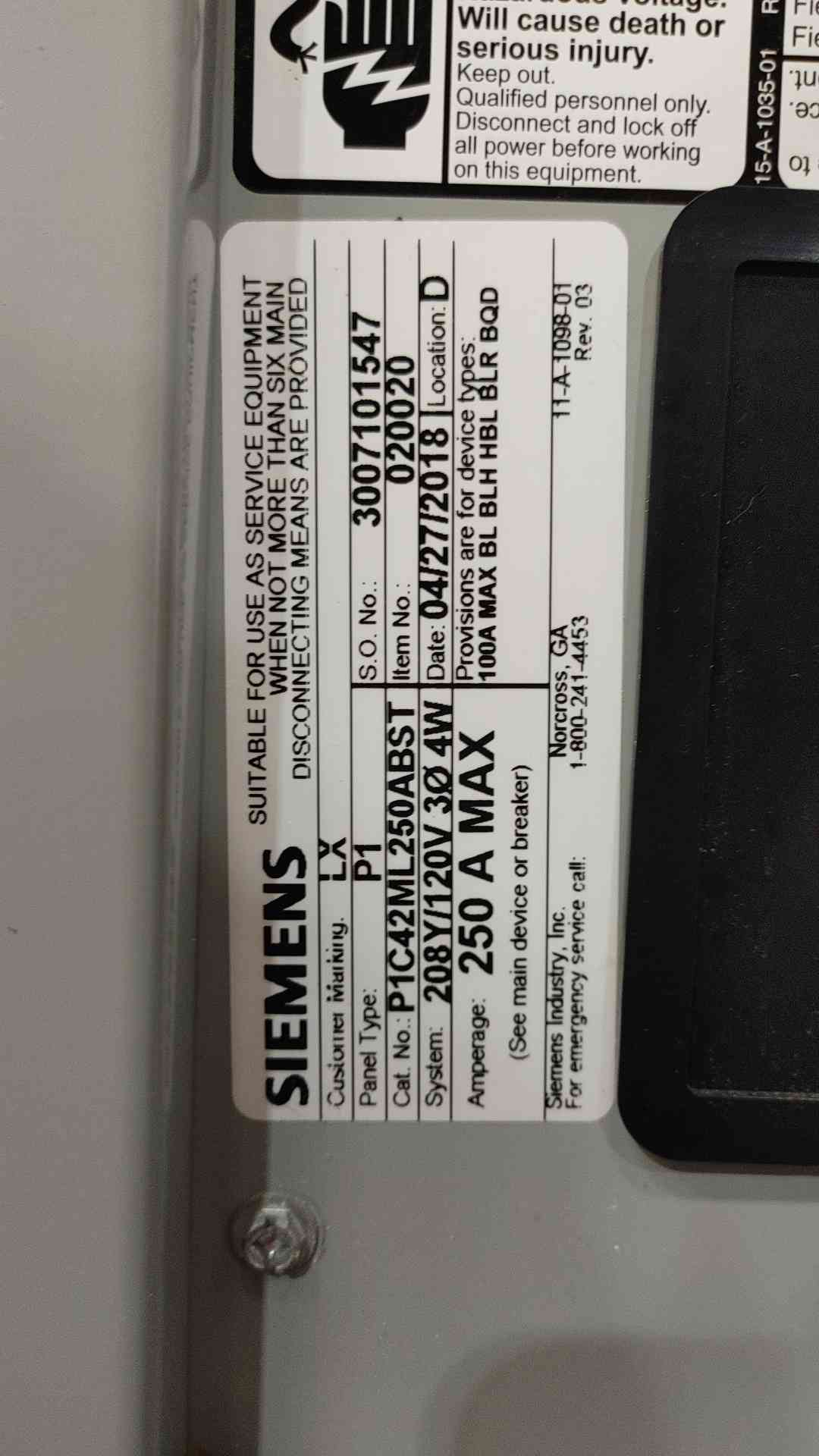 Siemens 250A 208Y/120V 3PH 4W P1C42ML250ABST