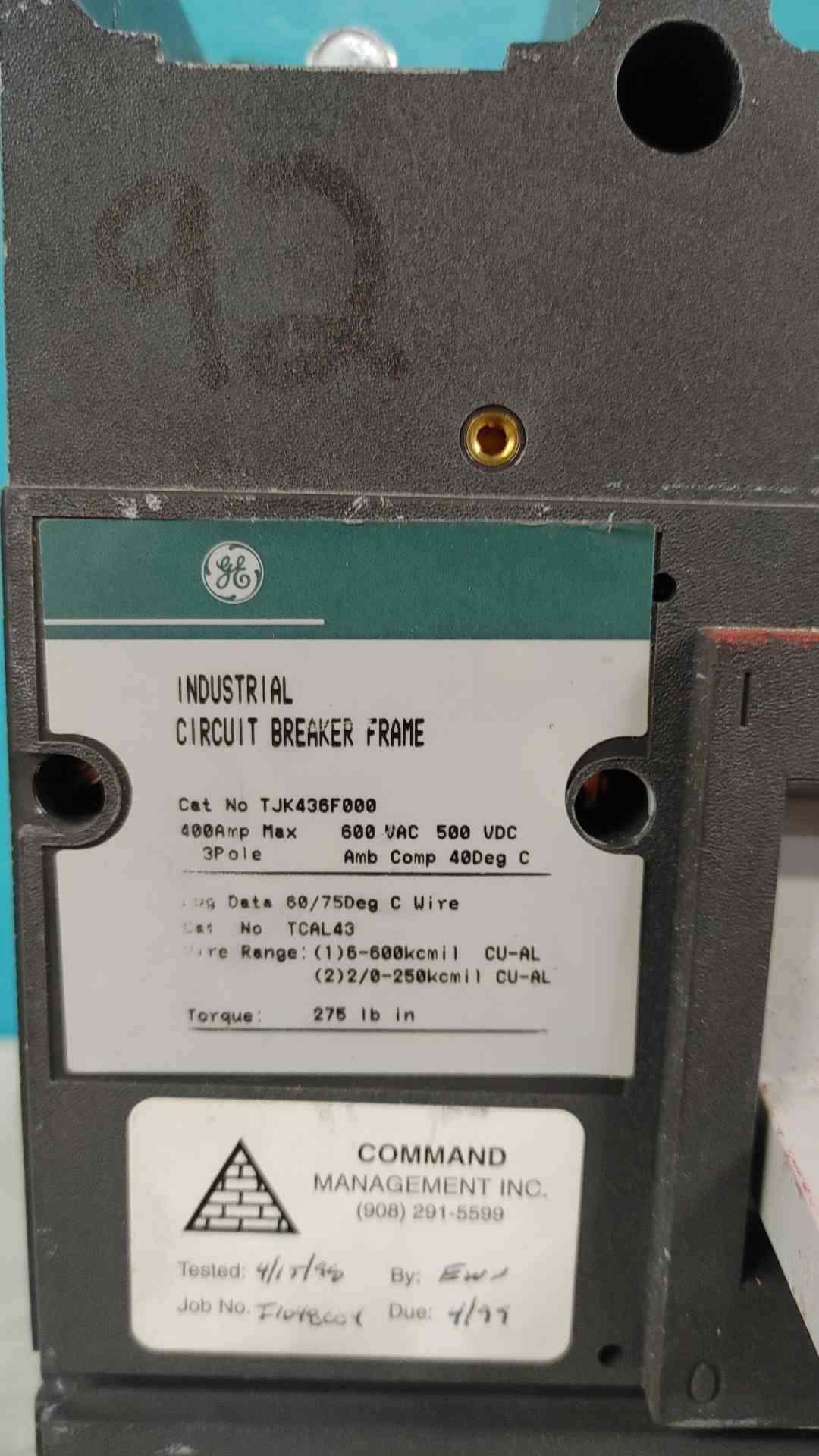 GE TJK436F000 400 Amp 3 Pole 600V Molded Case Circuit Breaker Frame J600 TCAL43